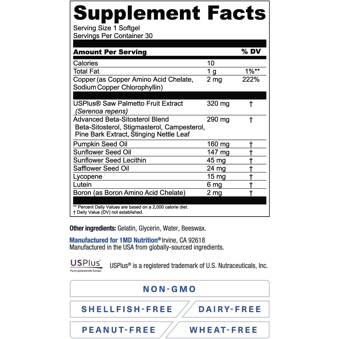 1MD Nutrition Prostatemd Saw Palmetto Prostate Support Supplement for Urinary Tract and Frequent Bathroom Urges | 30 Day Supply