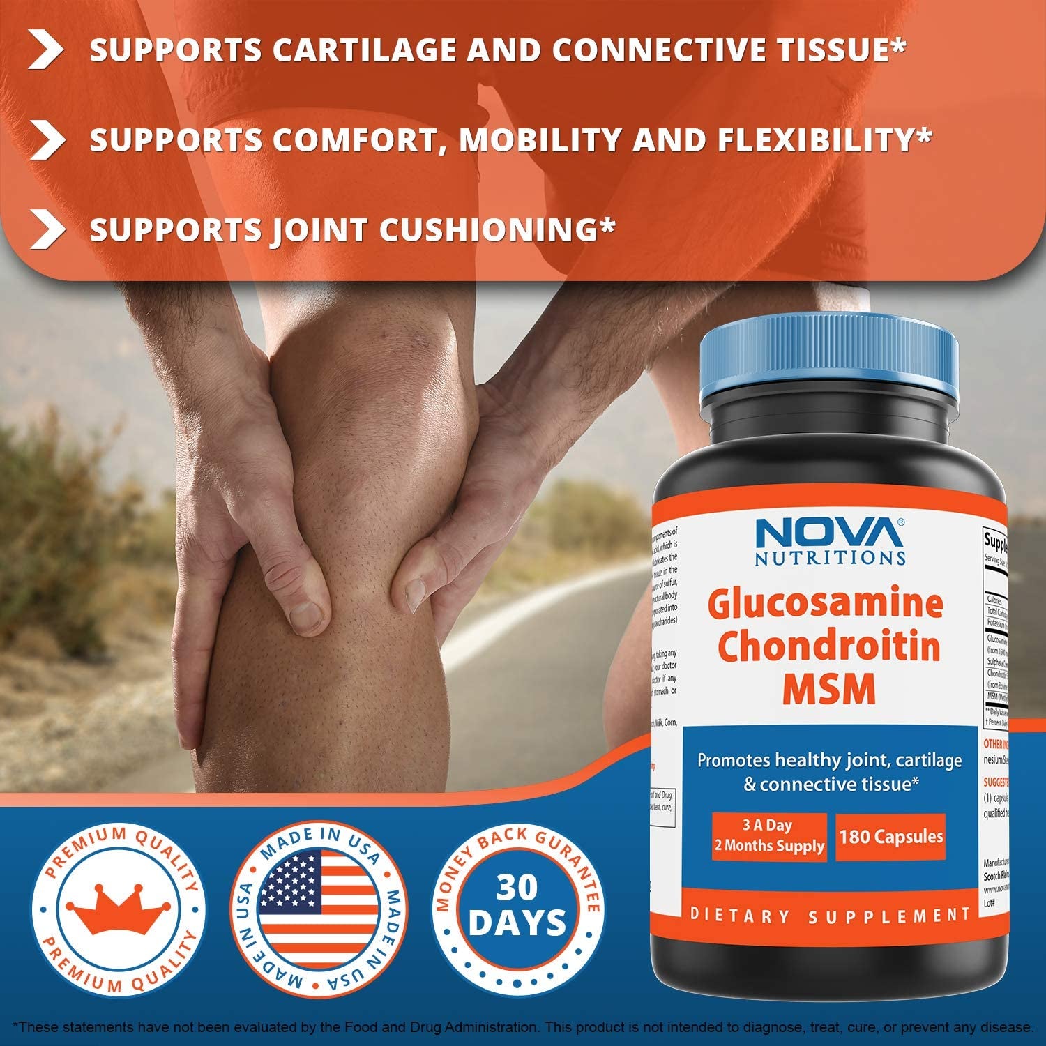 Nova Nutritions Triple Strength Glucosamine Chondroitin MSM 2600Mg/Serving, 180 Count