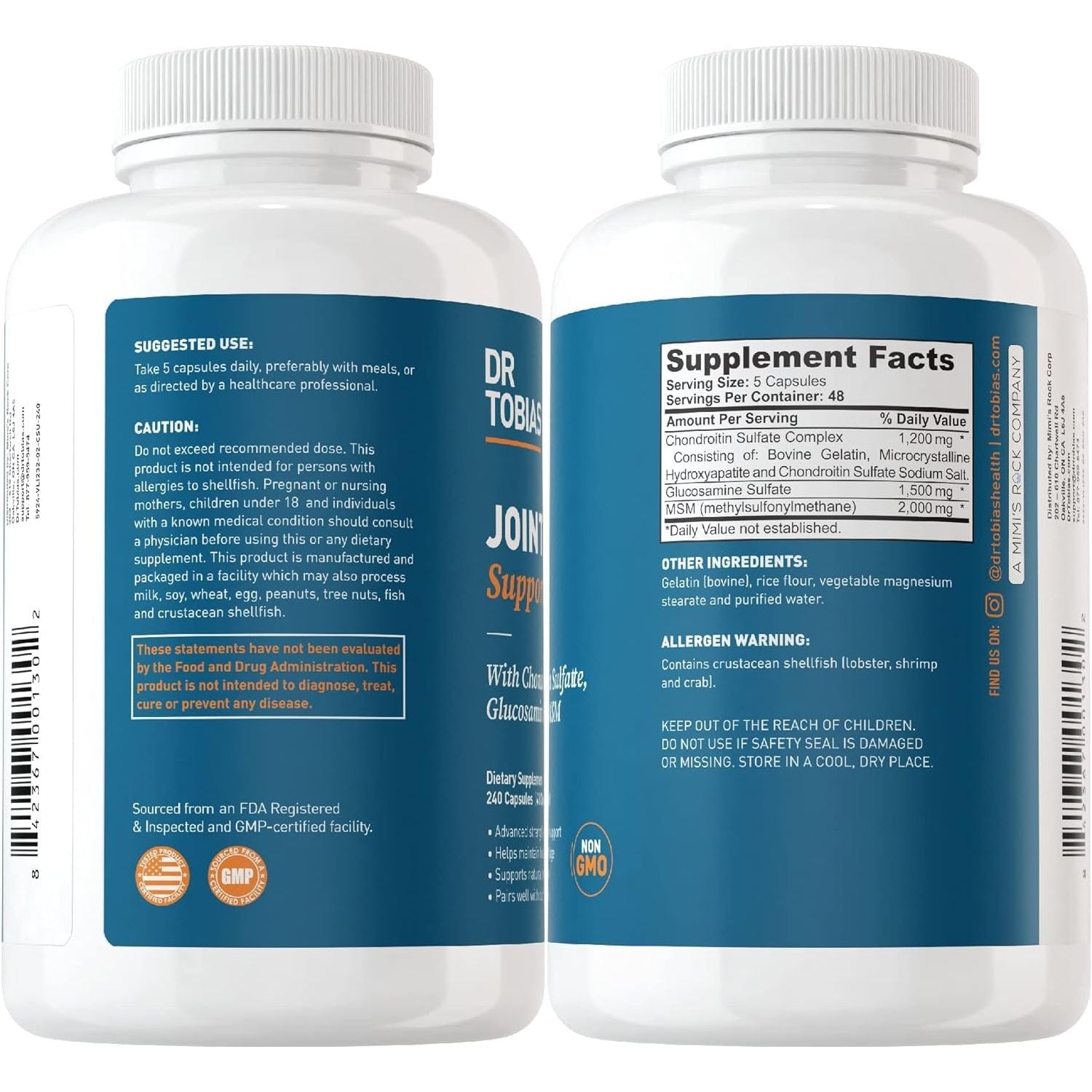 Dr. Tobias Joint Support Supplement with Glucosamine Chondroitin MSM, 240 Capsules