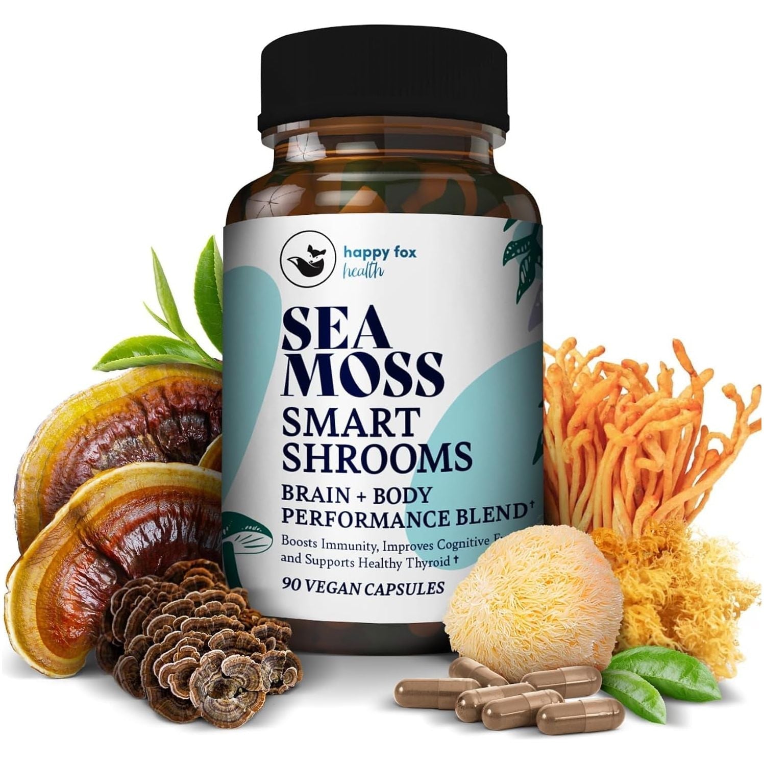 HAPPY FOX Irish Sea Moss Capsules & Mushroom Complex  for Brain Health, 1500Mg, 90 Capsules