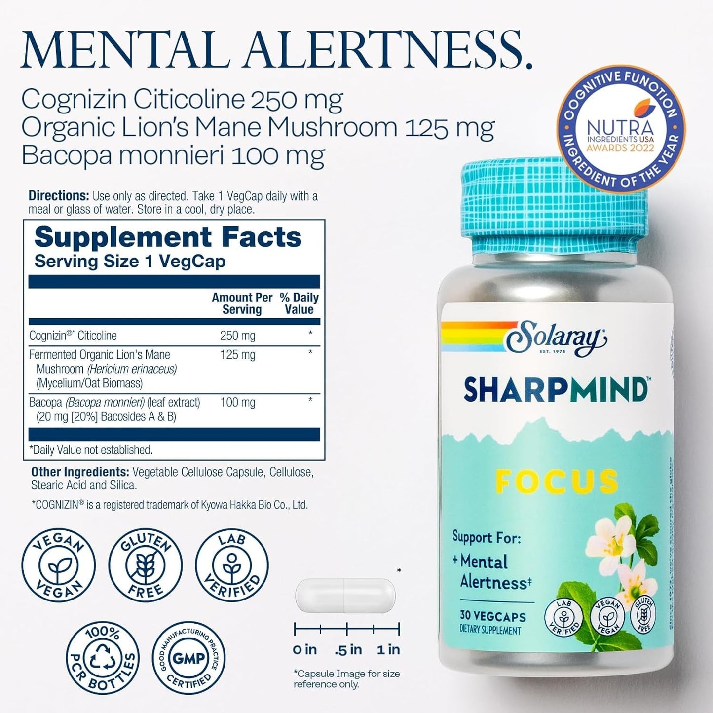 SOLARAY Sharpmind Focus, Mental Alertness Nootropic Supplement, 30 Servings