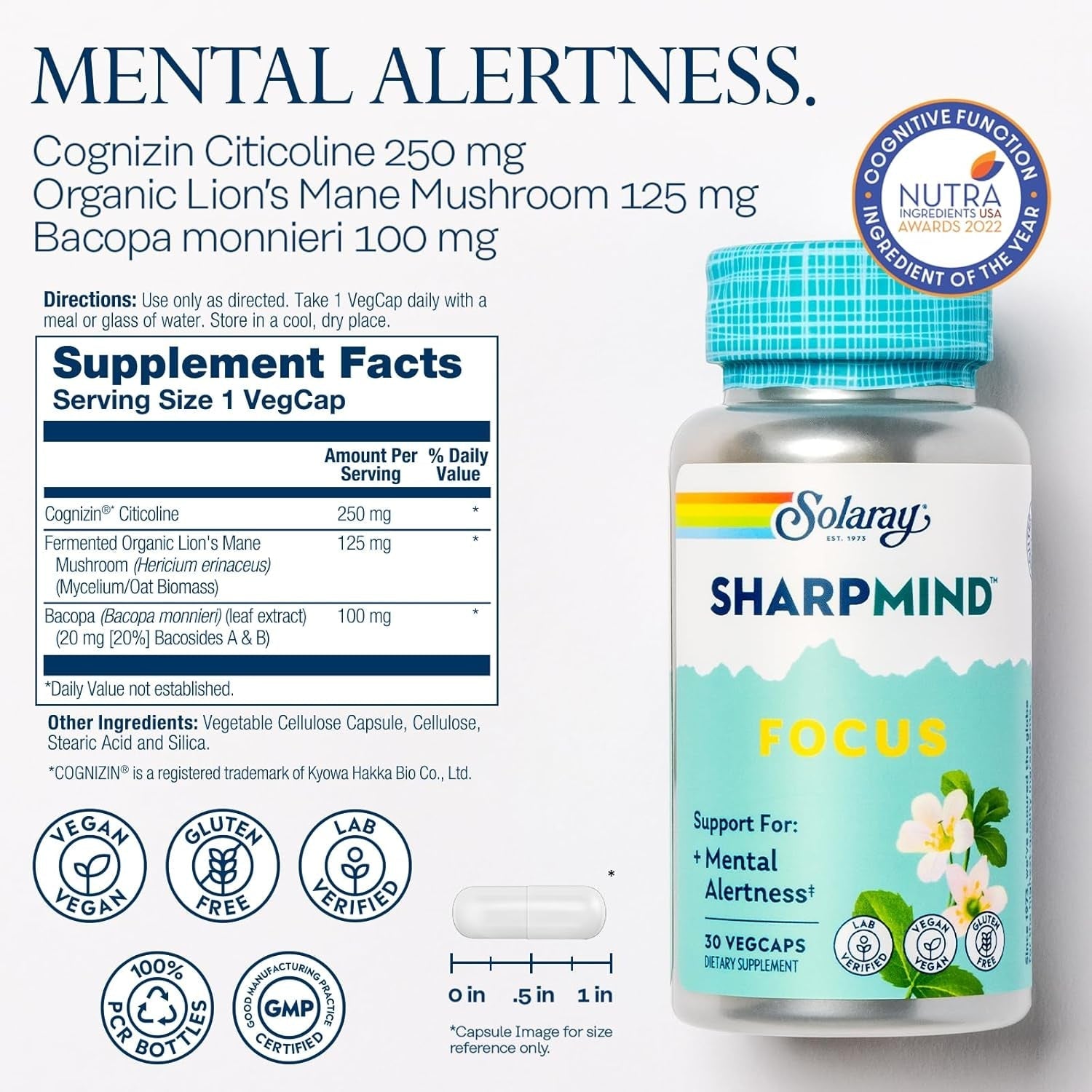 SOLARAY Sharpmind Focus, Mental Alertness Nootropic Supplement, 30 Servings