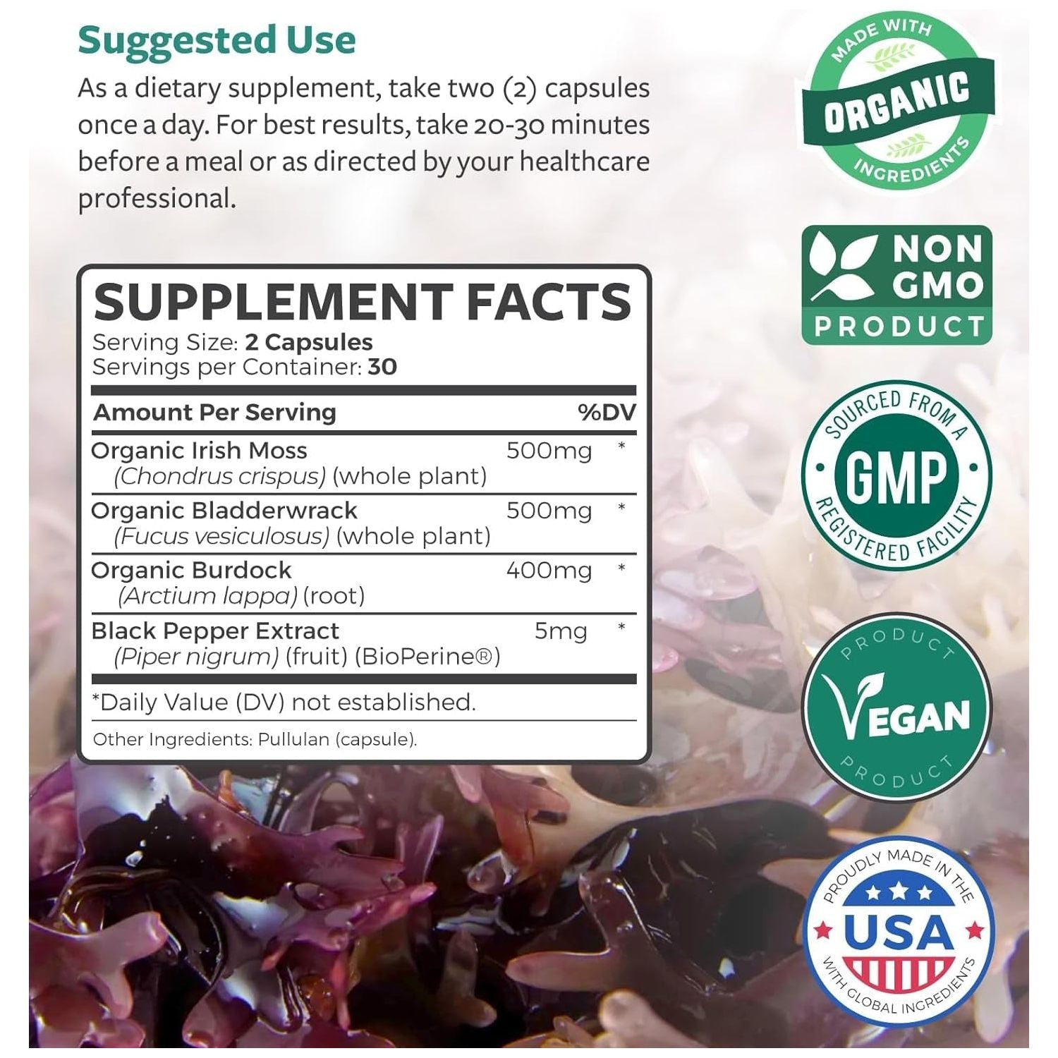 Irish Sea Moss Capsules Organic Irish Seamoss, Bladderwrack & Burdock - Raw Vegan Supplement - 60 Capsules