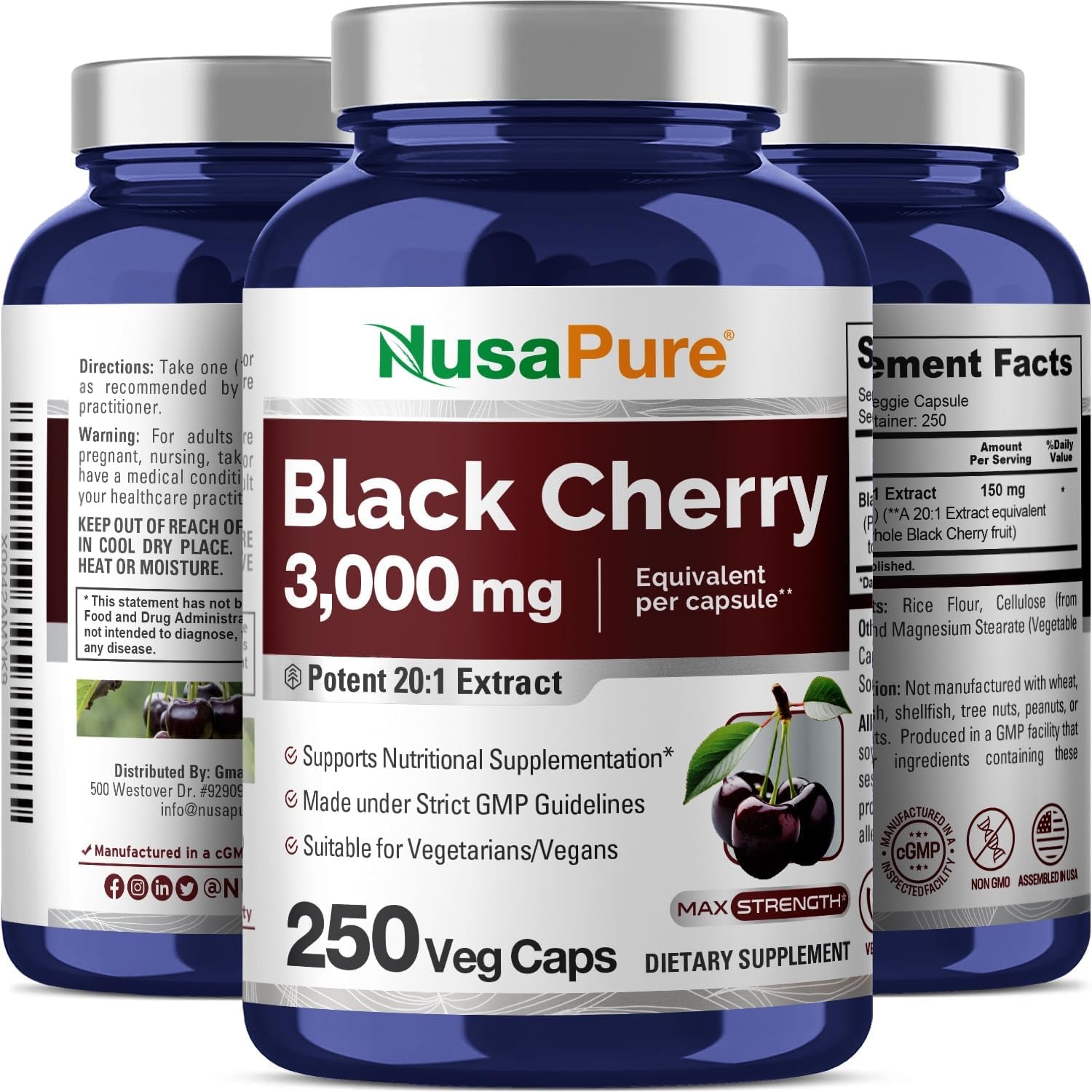 Nusapure Black Cherry Extract 3,000Mg 250 Veggie Capsules Max Potency, Non-Gmo, Bioperine
