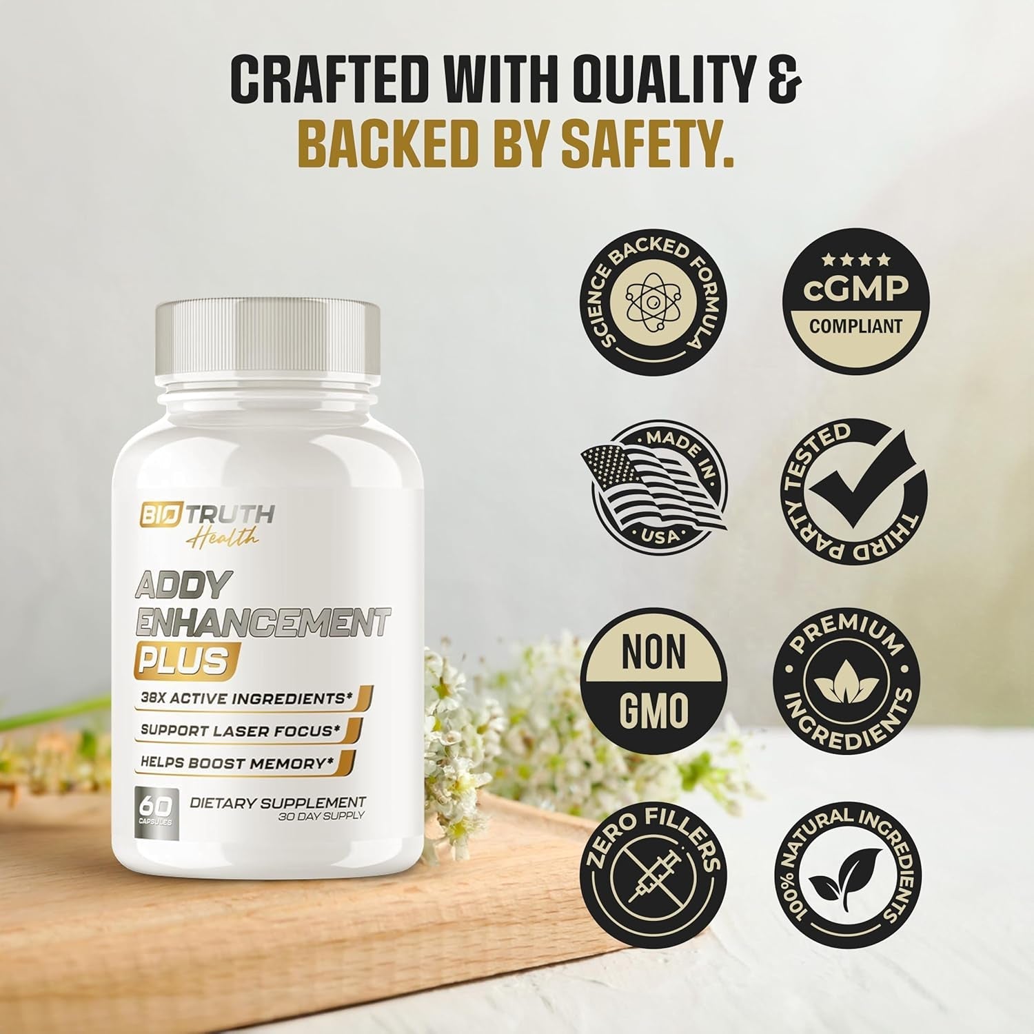 Biotruth Health - Highest Dosed 38 Ingredient Natural Adderall Substitute Brain Supplement Nootropic Pills - 60 Pills