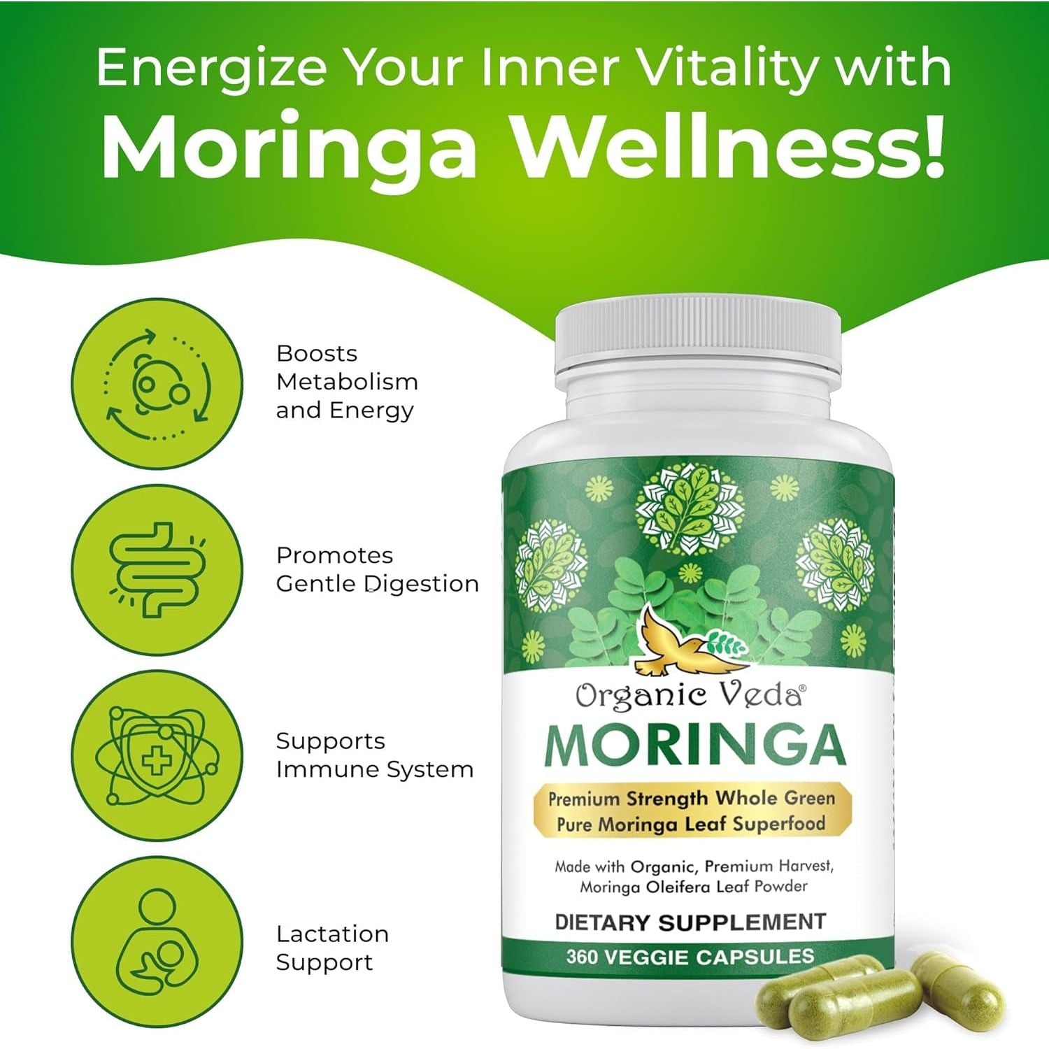 Organic Veda Moringa Leaf Powder Capsules, 1000Mg - Energy, Sleep & Immunity Support 360 Count