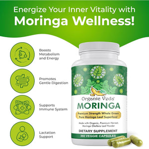 Organic Veda Moringa Leaf Powder Capsules, 1000Mg - Energy, Sleep & Immunity Support 360 Count