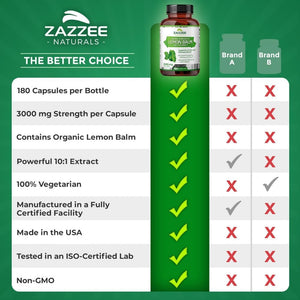 Zazzee Organic Lemon Balm 10:1 Extract (3000 Mg/180 Vegan Capsules)