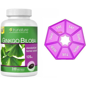 Trunature Gingko Biobla 120 Mg 340 Softgels Bundle with Weekly Pill Organizer
