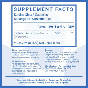 Premium Glutathione - Reduced Glutathione 500Mg - Antioxidant Support - Liver Support - 60 Capsules