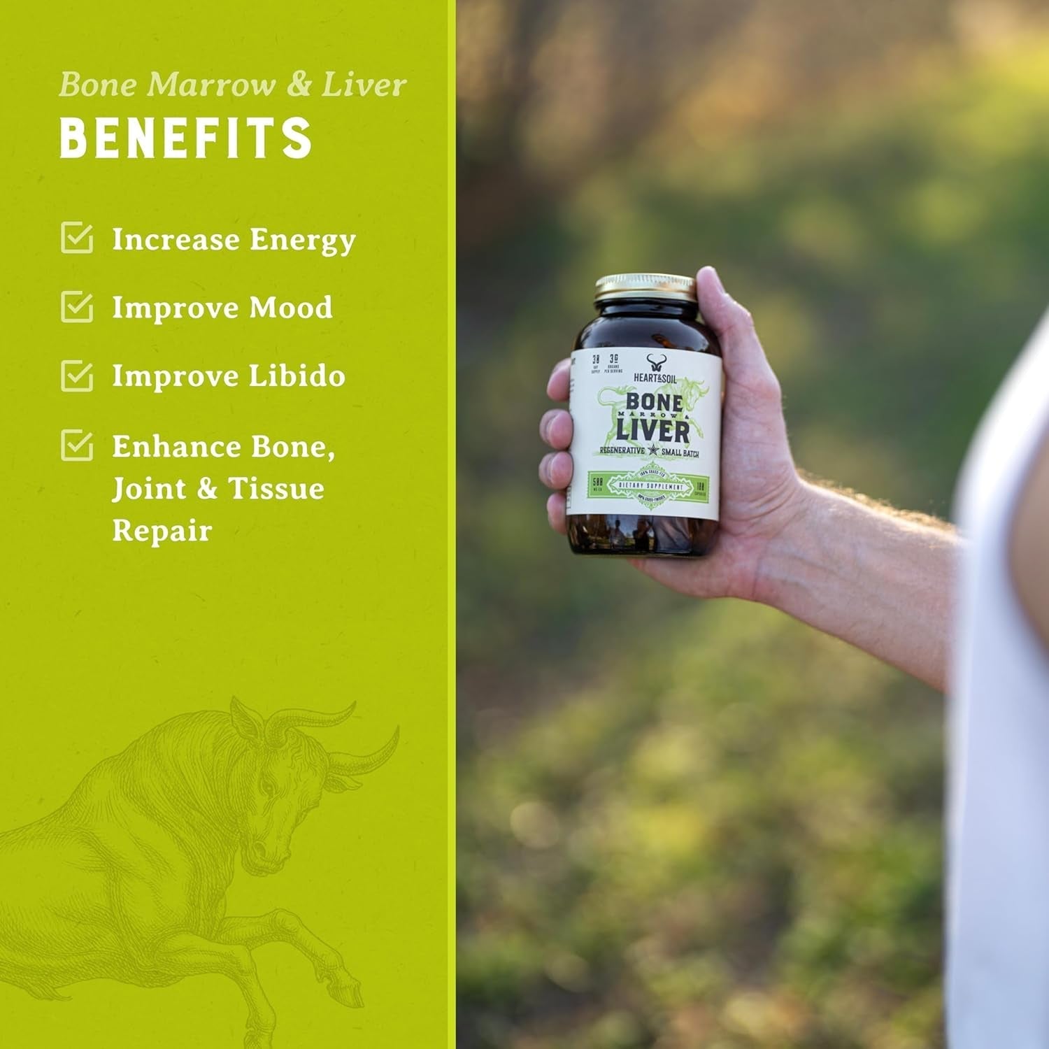 HEART & SOIL - Grass-Fed Bone Marrow and Beef Liver Supplement – 3000Mg for Mood, Bone, Joint, Tissue, Skin Health 180 Capsules