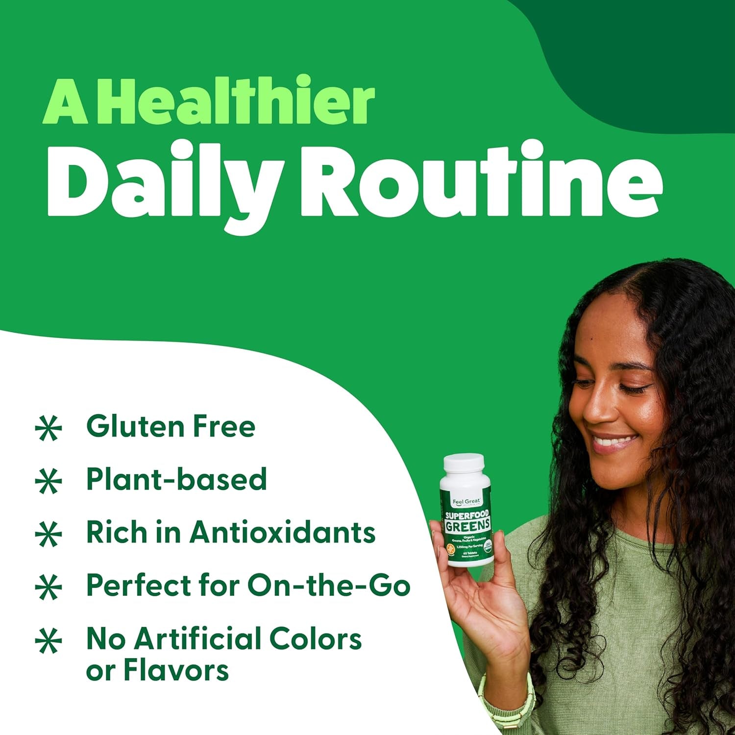 Feel Great Vitamins Super Greens Tablets with Kale, Spinach Extract, Green Onion, and More, 60 Tablets