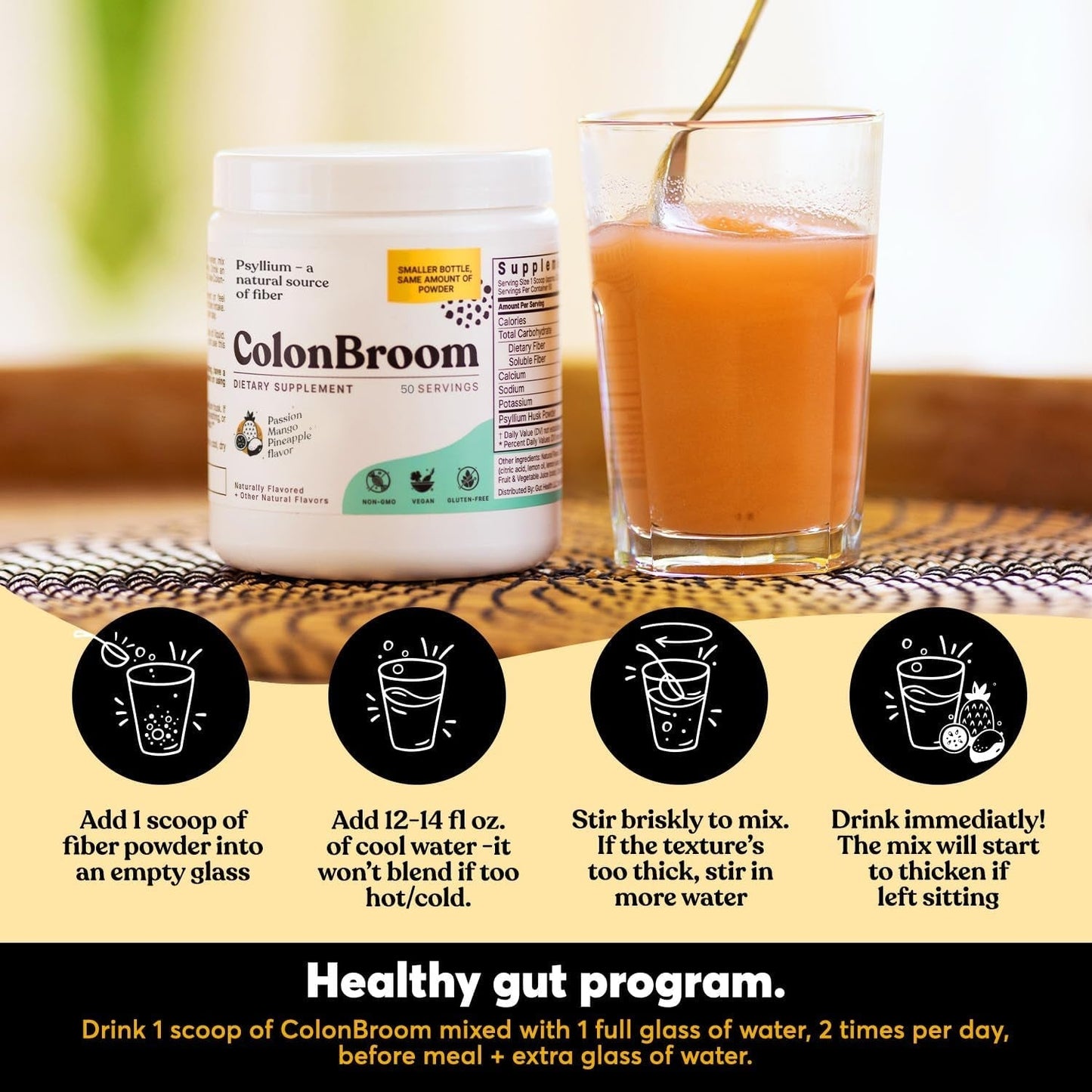 Colonbroom Psyllium Husk Powder with Stevia (Tropical Fruits) - Colon Cleanse for Bloating Relief & Gut Health 50 Servings