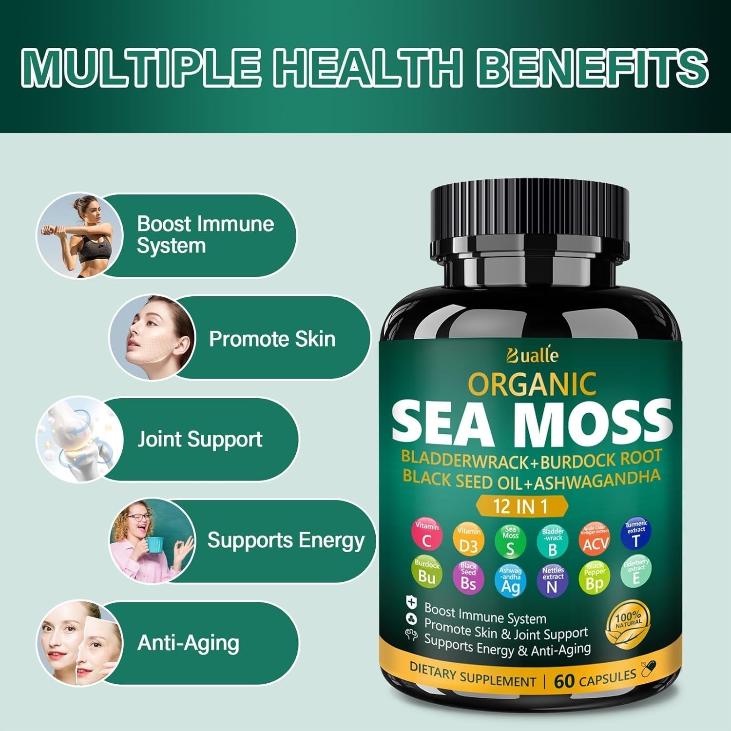 Organic Sea Moss Capsules for Immune System,Skin,Energy Support-60 Capsules