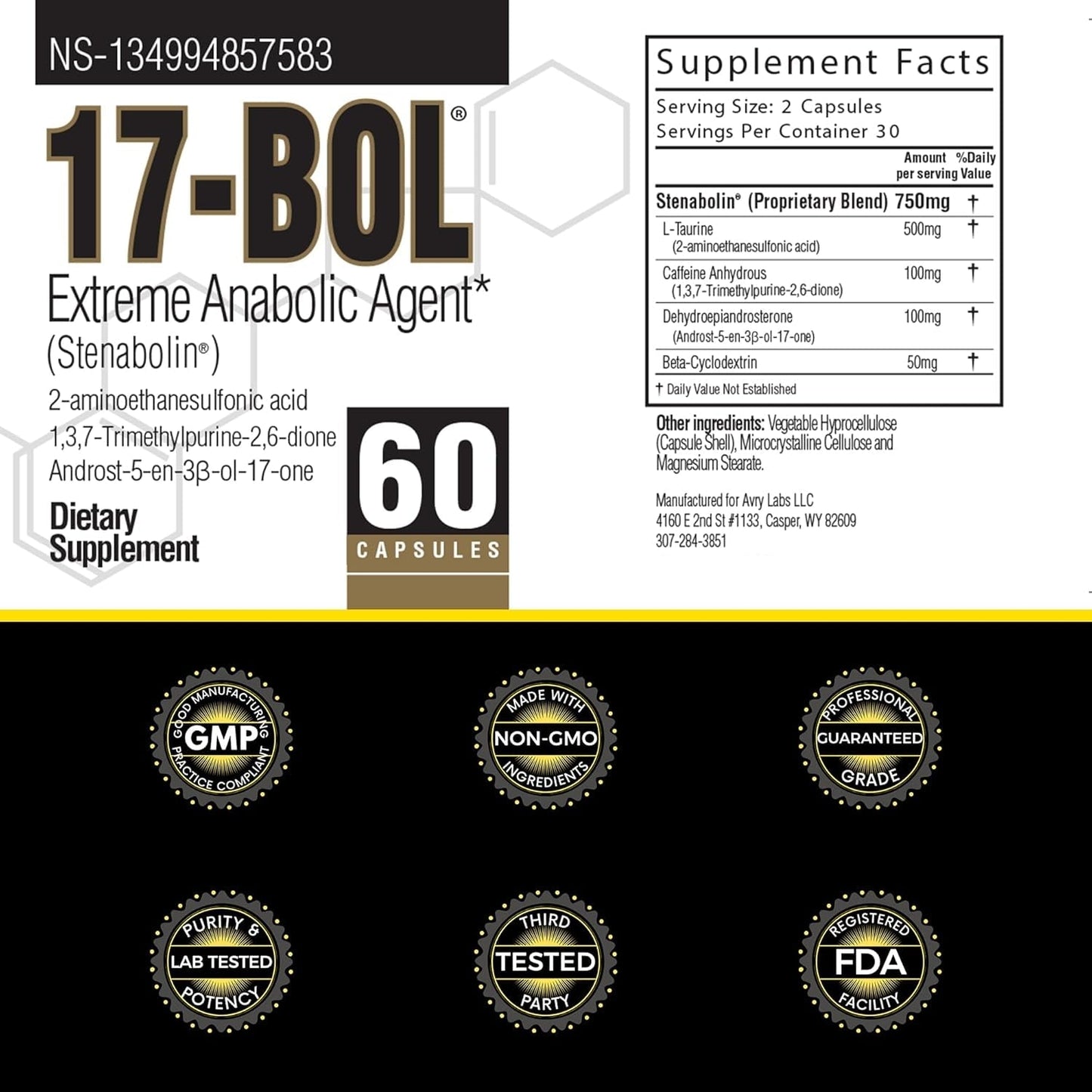 Avry Labs Extreme Anabolic Supplement – Pre-Workout Dietary Supplement, Lean Muscle Builder & Fat Burner 60 Capsules