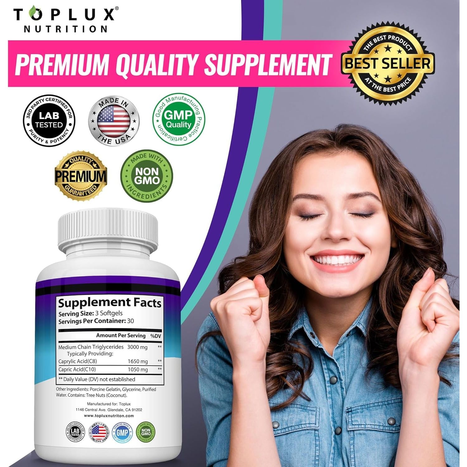 Toplux Keto MCT Oil Capsules - 3000Mg Natural Pure Coconut Oil Extract Pills, 90 Softgels