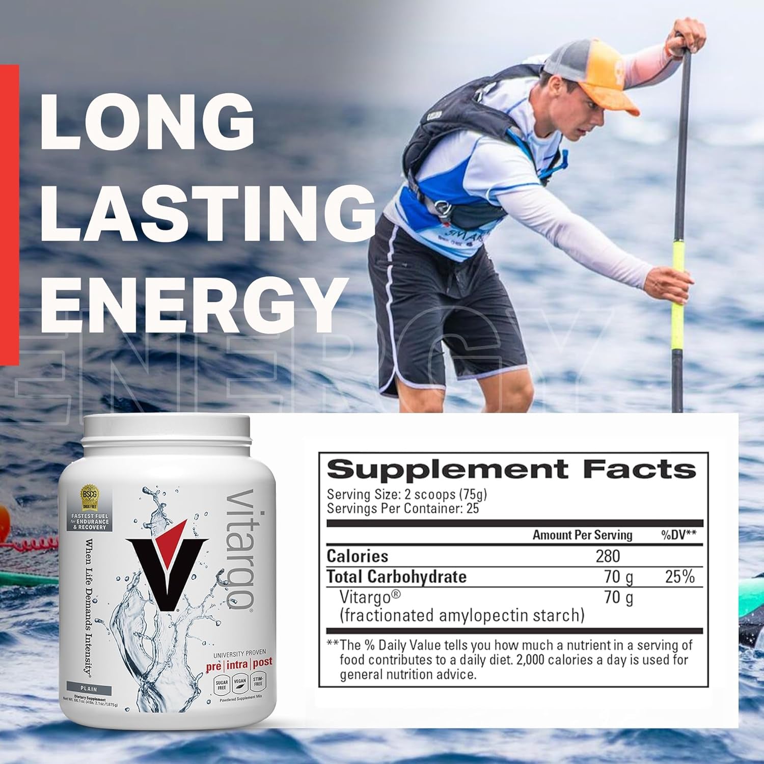 Vitargo Carbohydrate Powder, 4.4 LB Plain, Pre, Intra & Post, Sugar-Free Complex Carb Powder for Recovery, Endurance & Muscle Gain