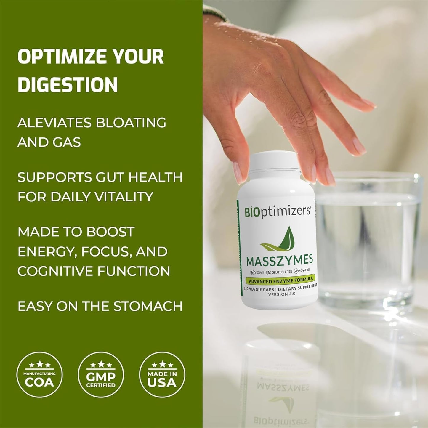 Bioptimizers Masszymes - Complete Digestive Enzymes Supplement for Gut Health - Bloating Relief (250 Capsules)