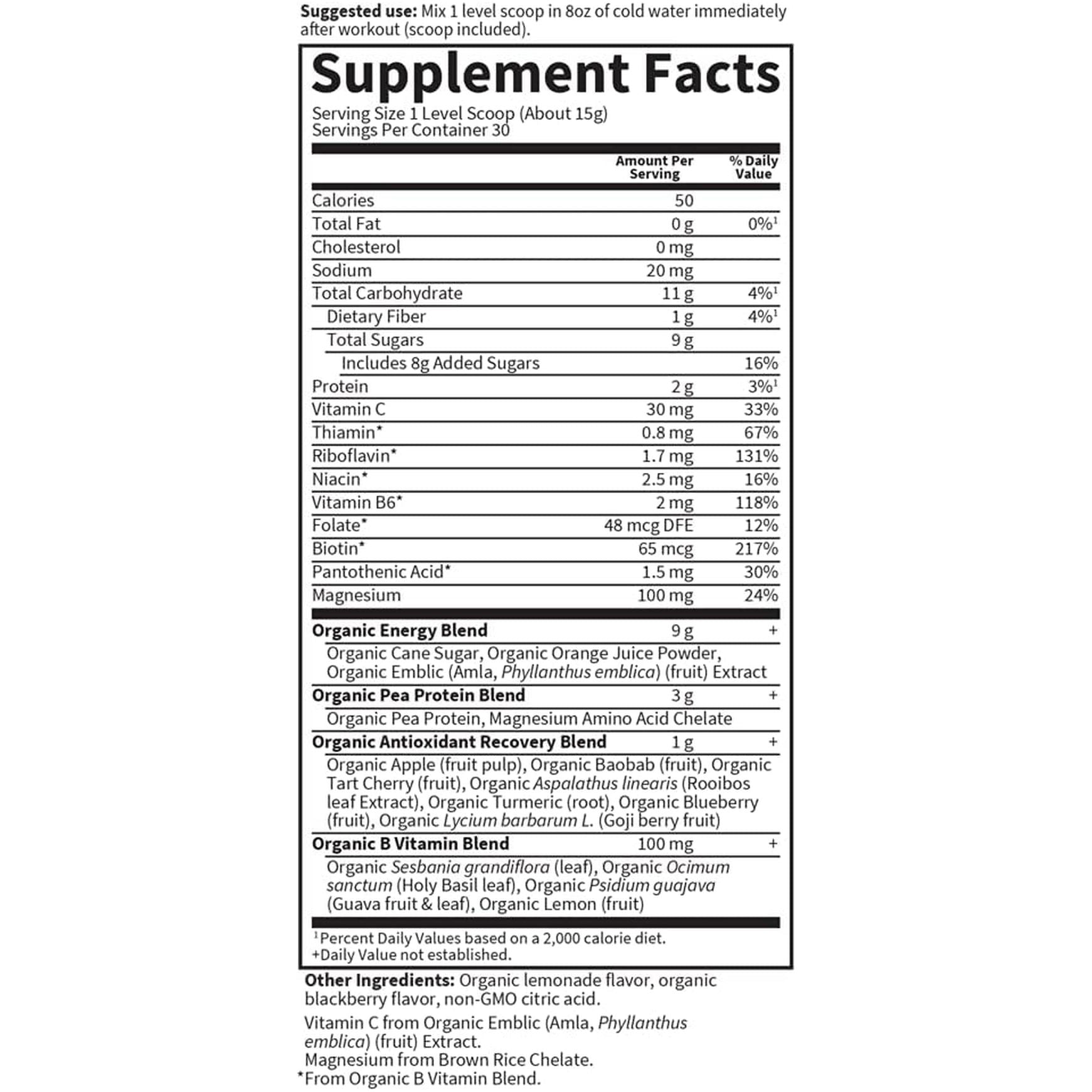 Garden of Life Sport Vegan Organic Plant Based Post Workout Muscle Recovery Powder - Blackberry Lemonade 30 Servings