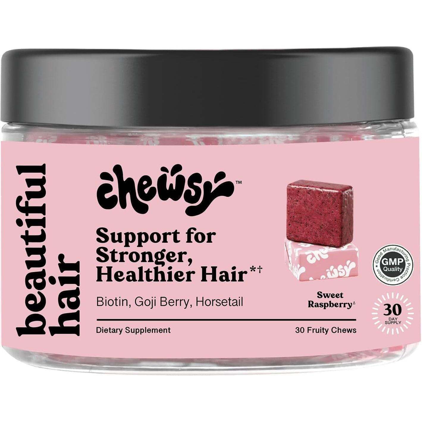 Chewsy - Support for Stronger, Healthy Hair - with Biotin, Horsetail Extract, Goji Berry & Vitamins - Sweet Raspberry, 30-Day Supply