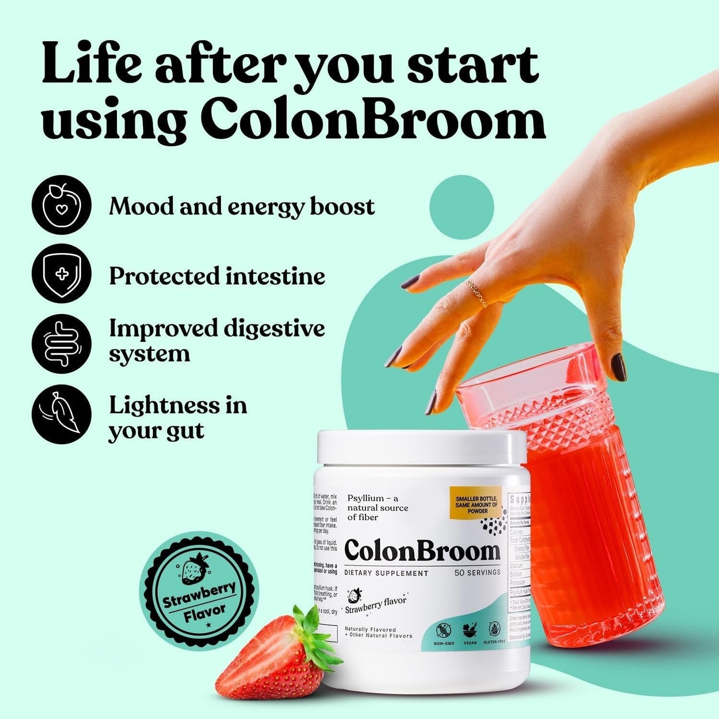 Colonbroom Psyllium Husk Powder (Strawberry) - Colon Cleanse for Bloating Relief & Gut Health - 50 Servings