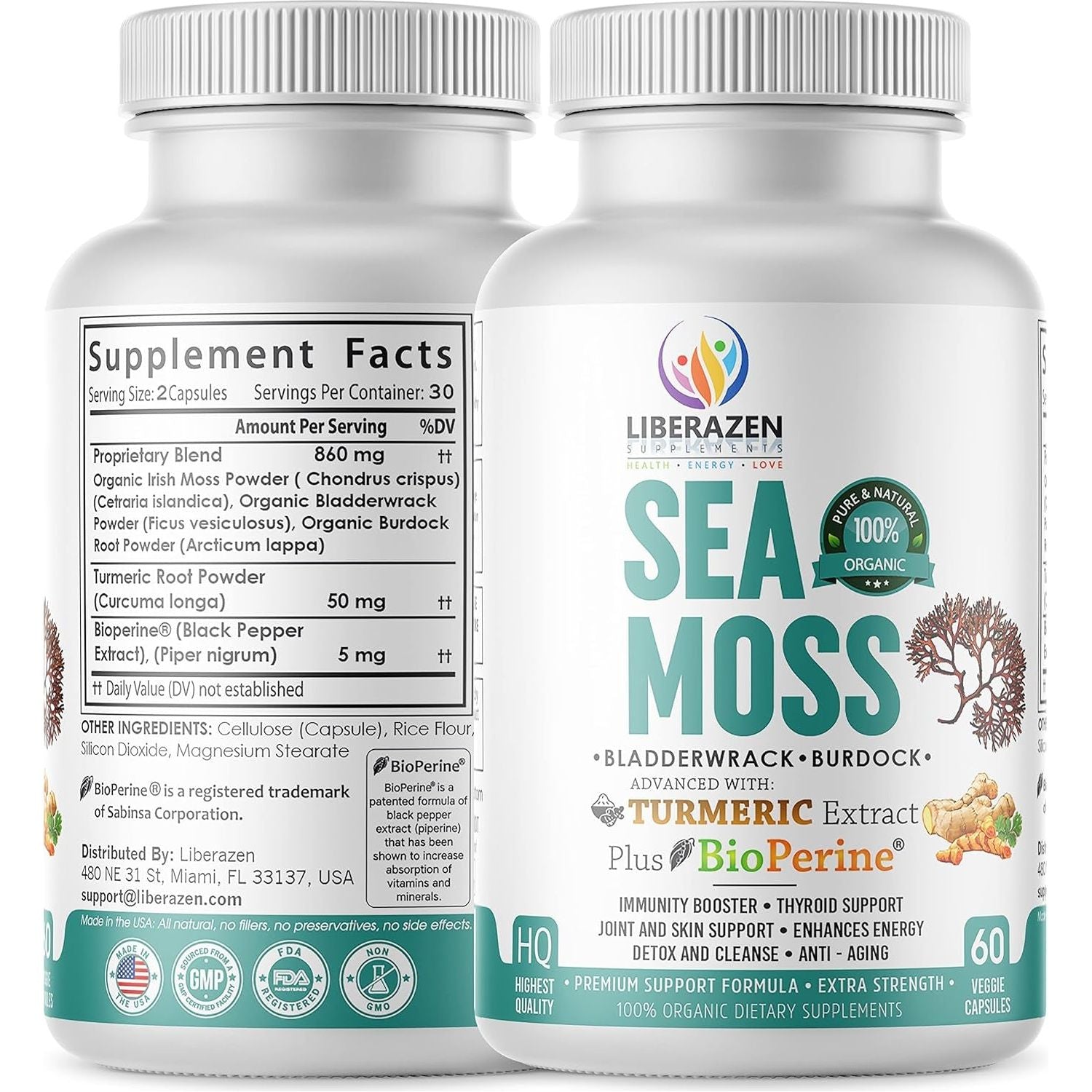 Organic Irish Sea Moss Pills -  Seamoss Blend with Turmeric, Burdock Root & Bladderwrack, Enhanced with Black Pepper - 60 Capsules