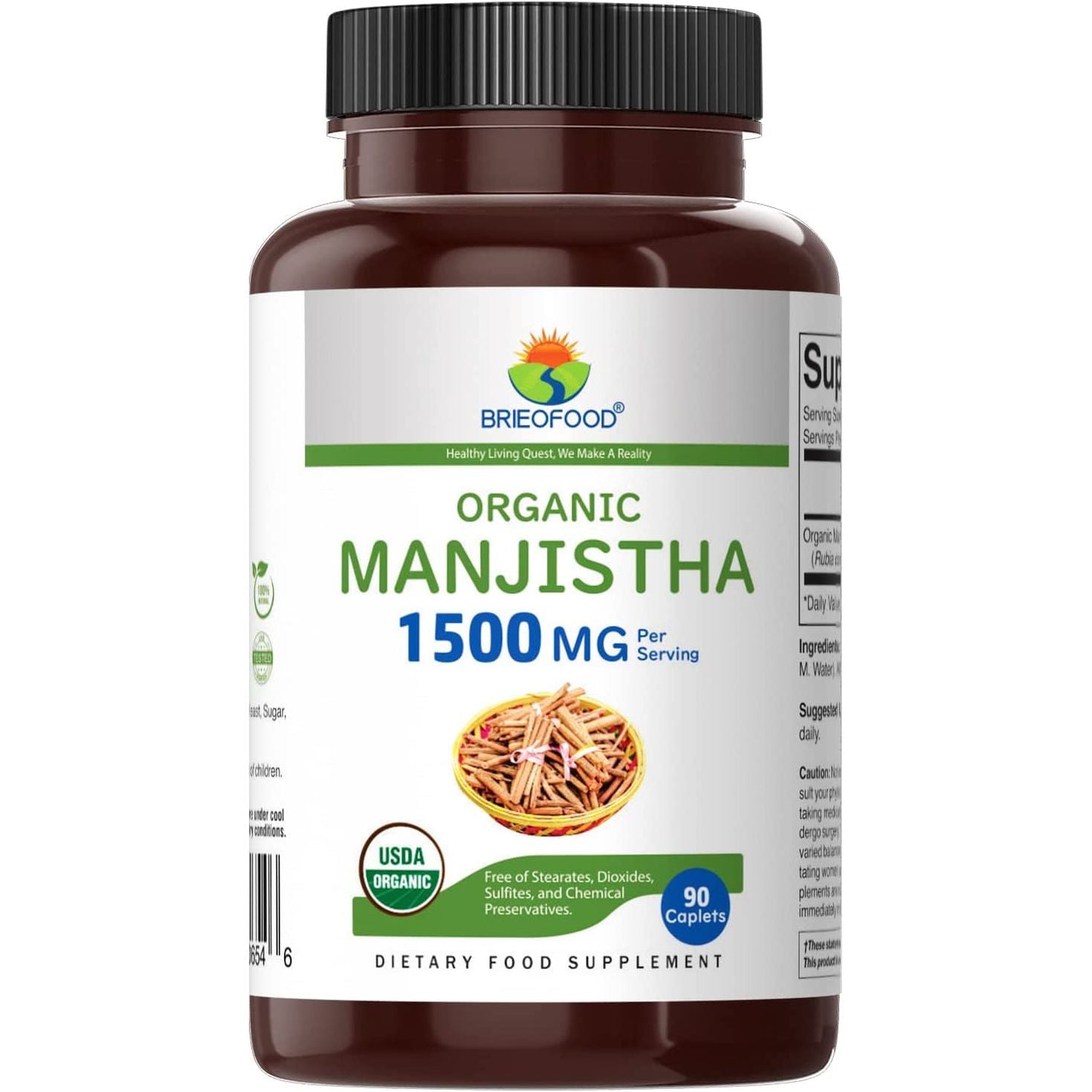 Brieofood Organic Manjistha 1500Mg, 45 Servings, Vegetarian, Gluten Free