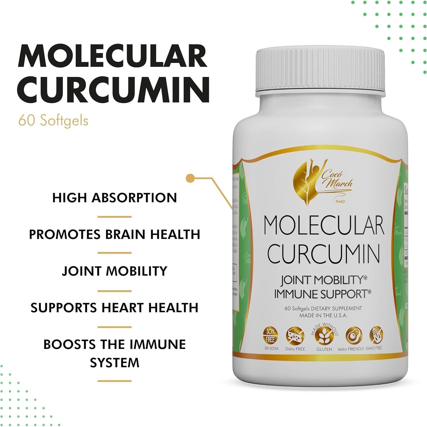Coco March Molecular Curcumin - Joint, Mobility and Immune Support 1000 Mg, 60 Softgels