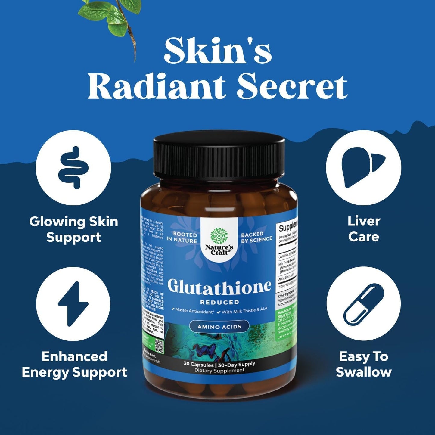 Reduced Glutathione Supplement with Milk Thistle for Liver Support Skin Complexion and Immune Support (30 Servings/500Mg)