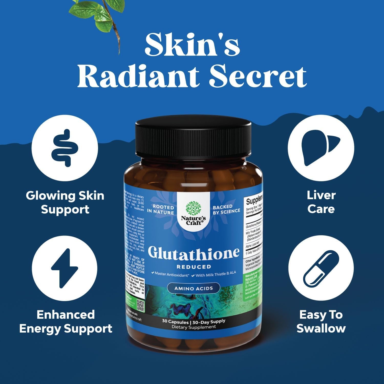 Reduced Glutathione Supplement with Milk Thistle for Liver Support Skin Complexion and Immune Support (30 Servings/500Mg)