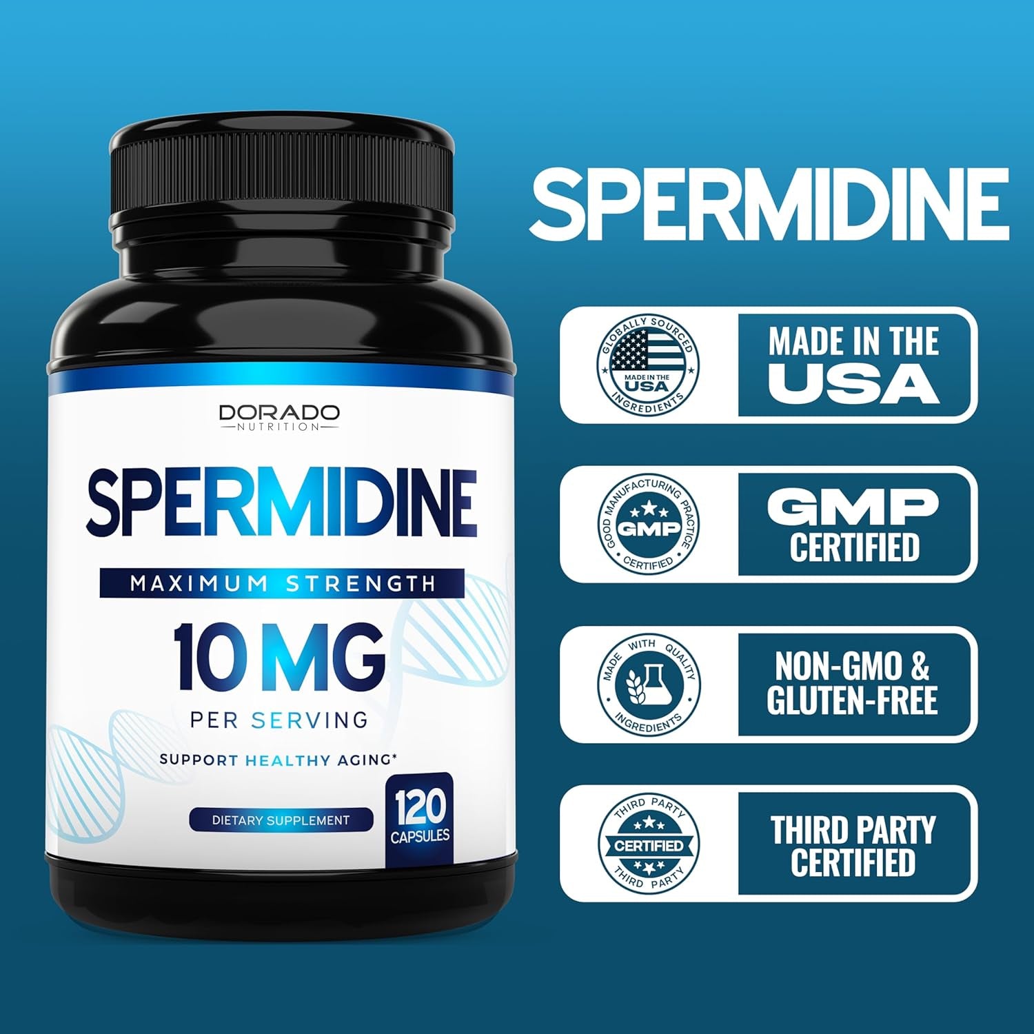 Spermidine Supplement (10Mg of 99% Spermidine 3HCL - Third Party Tested) 120 Capsules - Made in USA