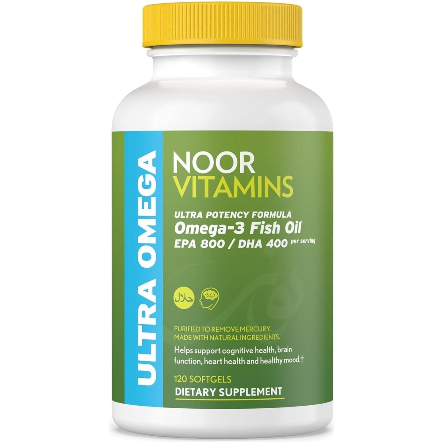 Noor Vitamins Halal Fish Oil, Ultra Omega 3 Wild Peruvian Fish Oil (800 Mg EPA & 400 Mg DHA) (120 Count)