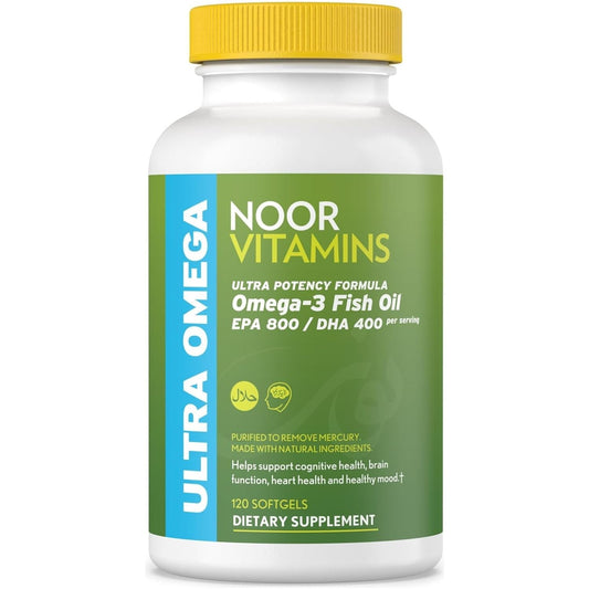Noor Vitamins Halal Fish Oil, Ultra Omega 3 Wild Peruvian Fish Oil (800 Mg EPA & 400 Mg DHA) (120 Count)