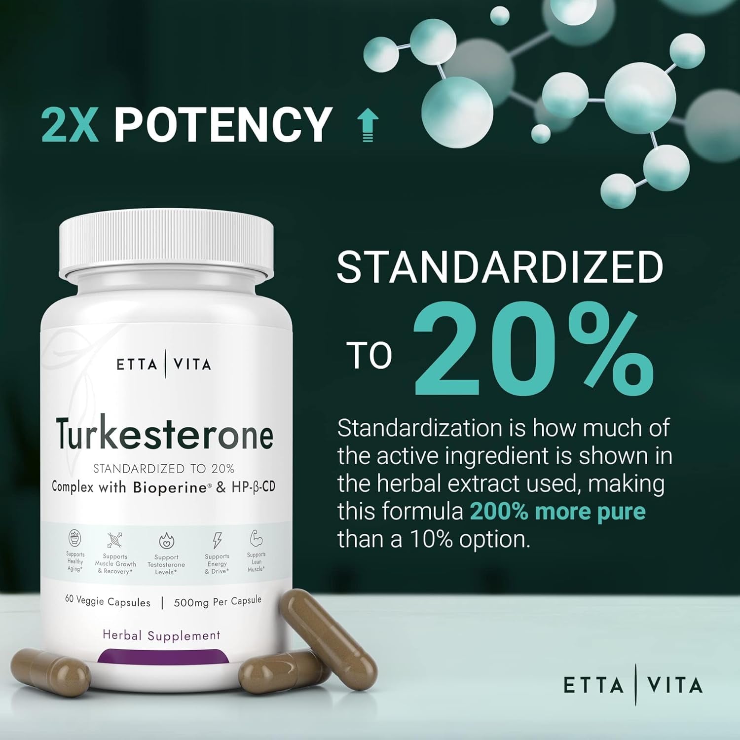 Potent Turkesterone Supplement - Supports Energy, Lean Muscle Growth, Recovery and Stamina, Vegan (60Count)