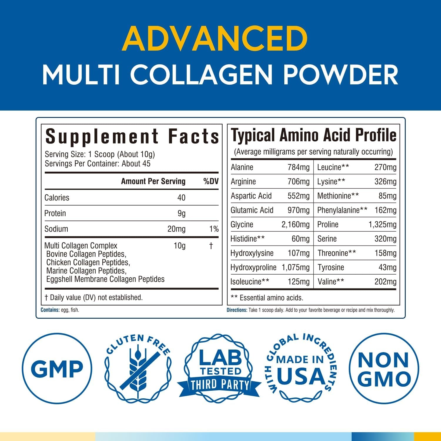 Terranics Multi Collagen Peptides Powder, Type I II III V X Hydrolyzed Collagen for Women+Men, 16Oz