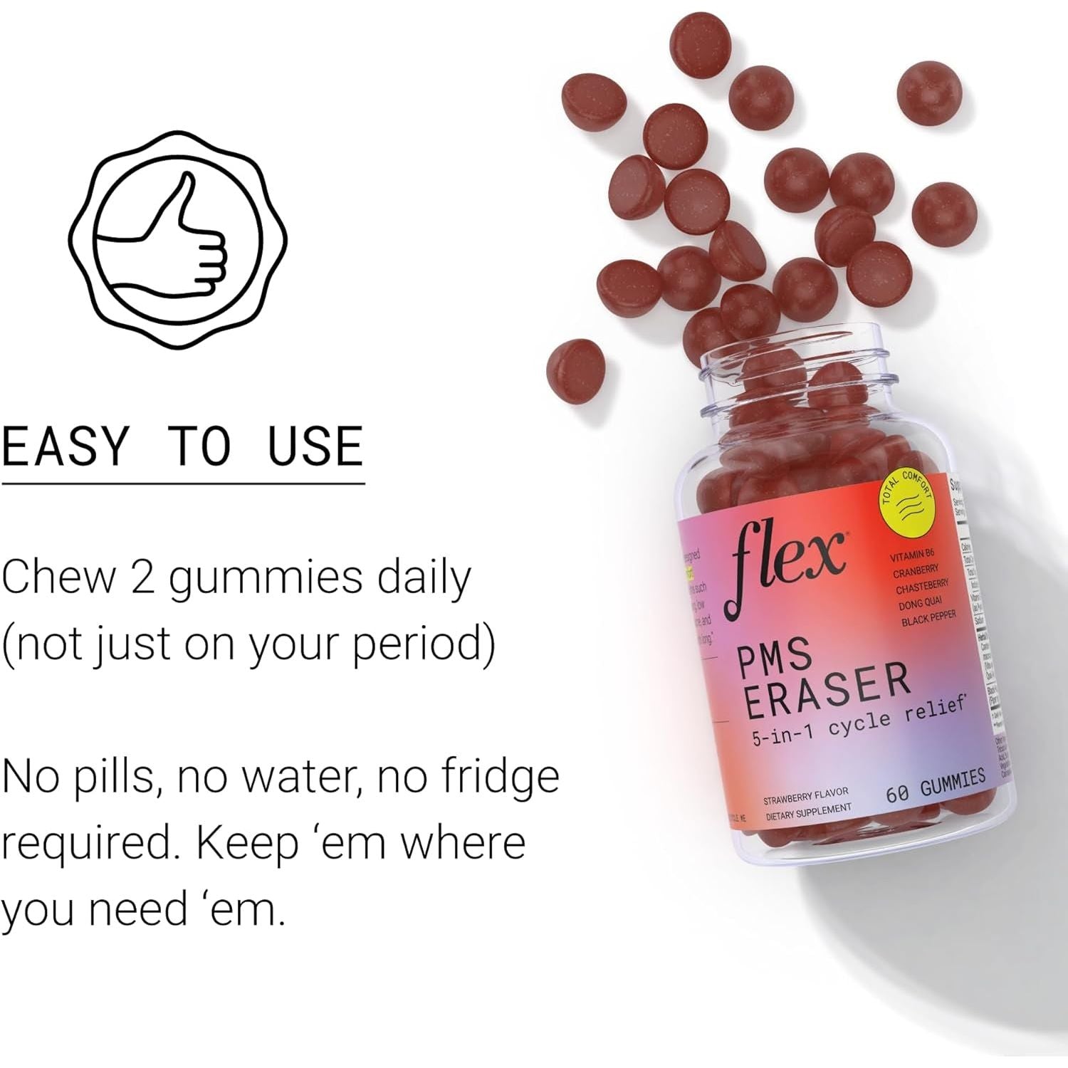 FLEX PMS Eraser - Relief Targets Cramping, Bloating, Mood, Fatigue, Helps PMS Symptoms  60 Gummies