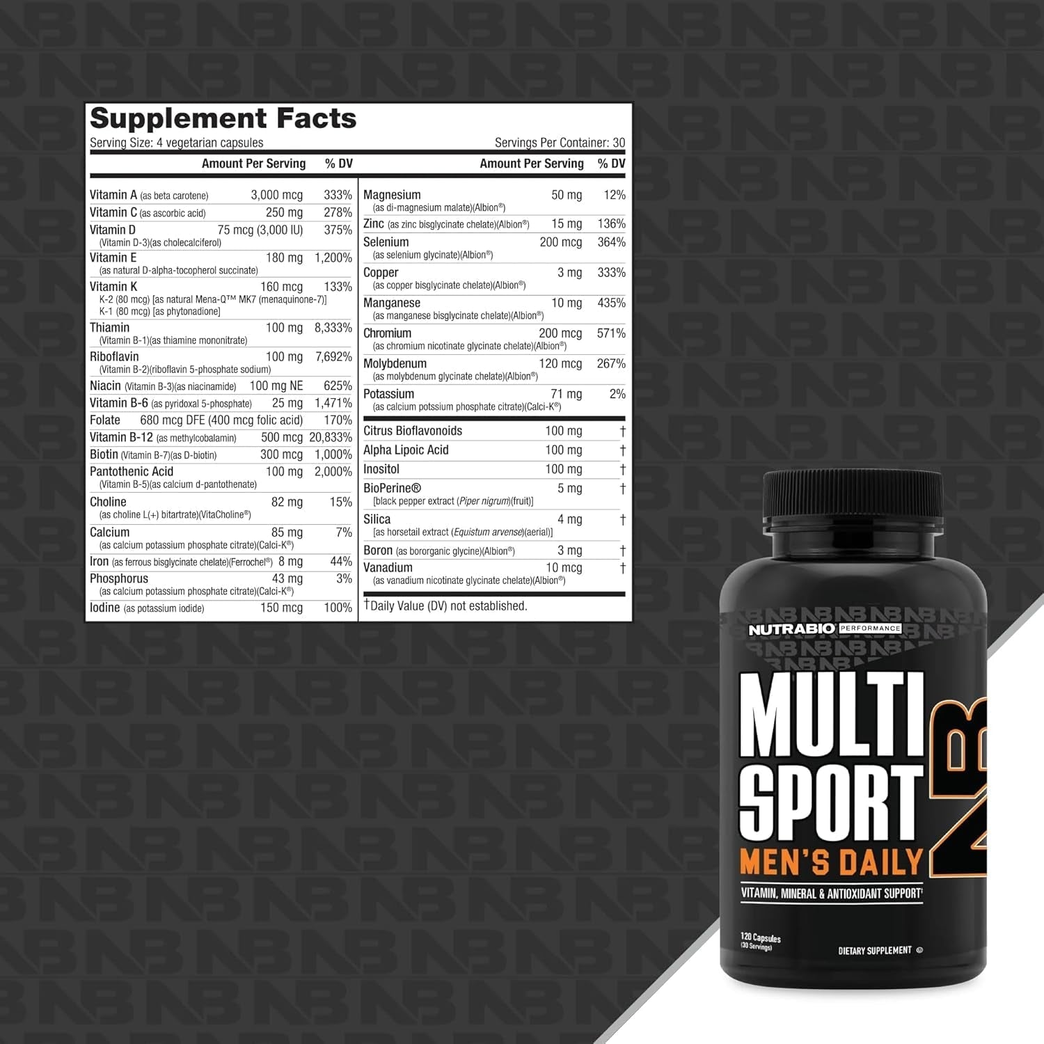 Nutrabio Multisport for Men - Multivitamin - 33 Vitamins, Minerals, Micronutrients (120 Vegetable Capsules)