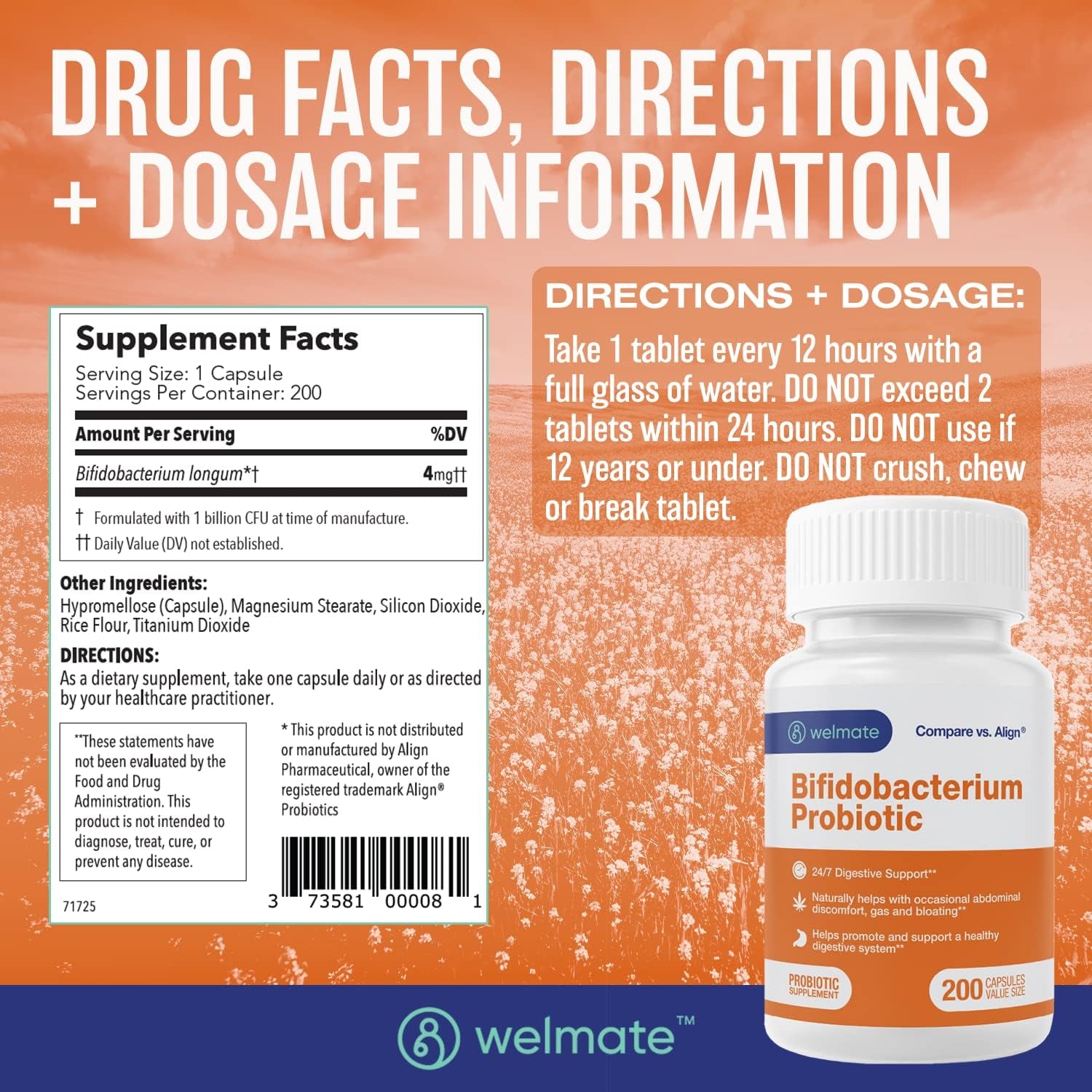 WELMATE Bifidobacterium | Probiotic Supplement | Supports Gut Health | Immune Support 200 Count