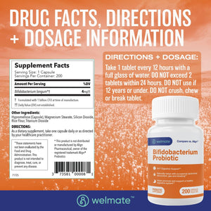 WELMATE Bifidobacterium | Probiotic Supplement | Supports Gut Health | Immune Support 200 Count