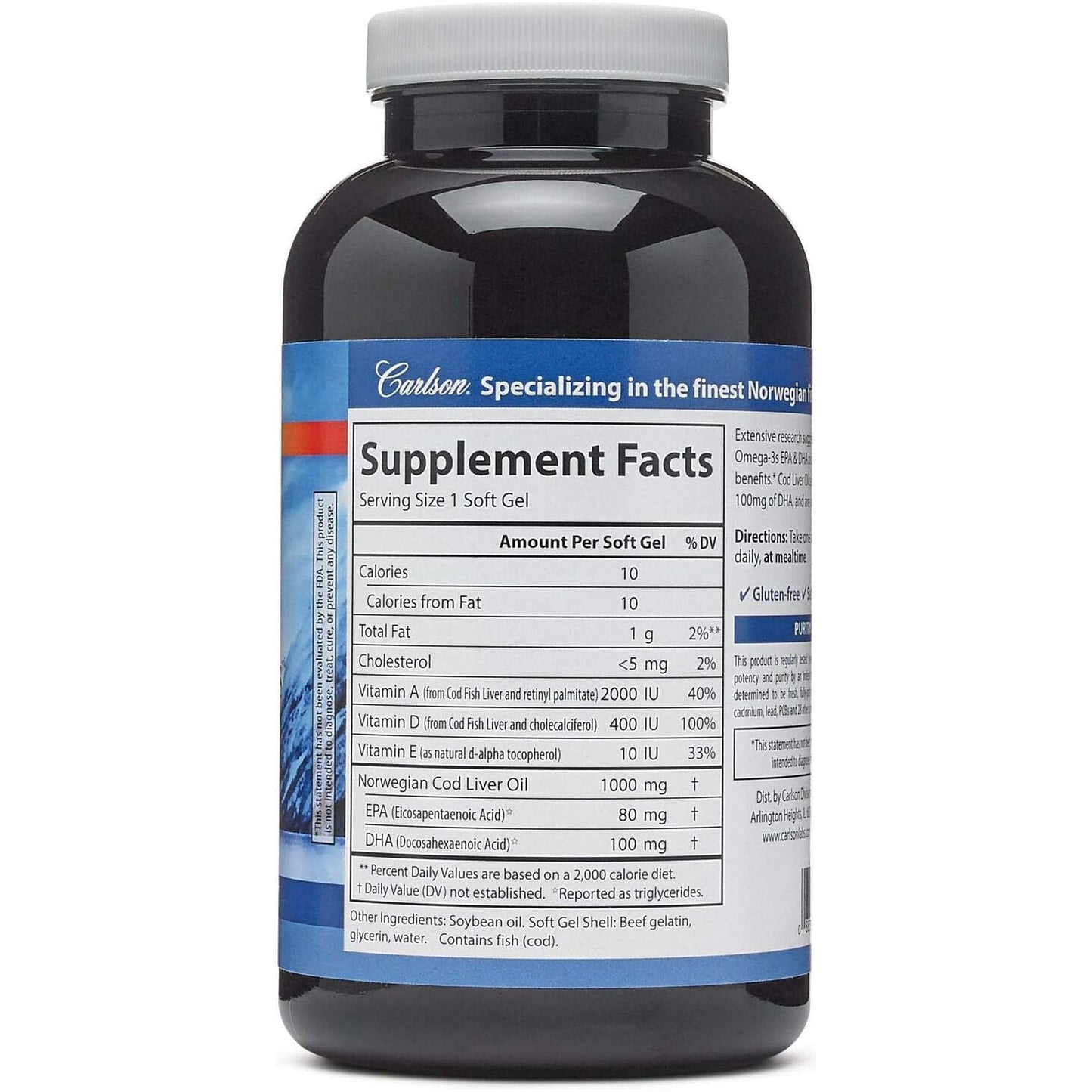 Carlson - Cod Liver Oil Gems, Super 1000 Mg, 250 Mg Omega-3S, 400 IU (10 Mcg) Vitamin D3 - 250 Softgels