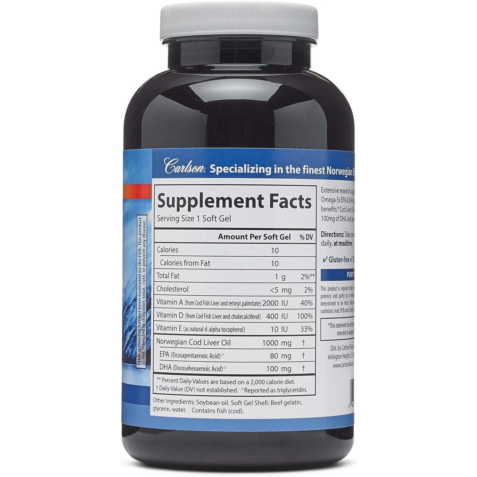 Carlson - Cod Liver Oil Gems, Super 1000 Mg, 250 Mg Omega-3S, 400 IU (10 Mcg) Vitamin D3 - 250 Softgels