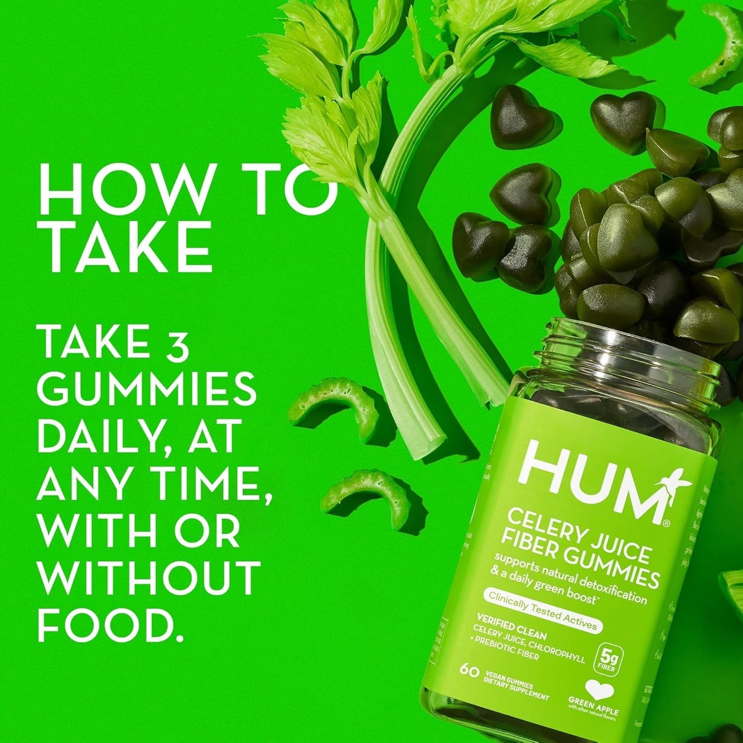 HUM Celery Juice Fiber Gummies the First Prebiotic Celery Juice Gummy, Supports Detoxification (60-Count)