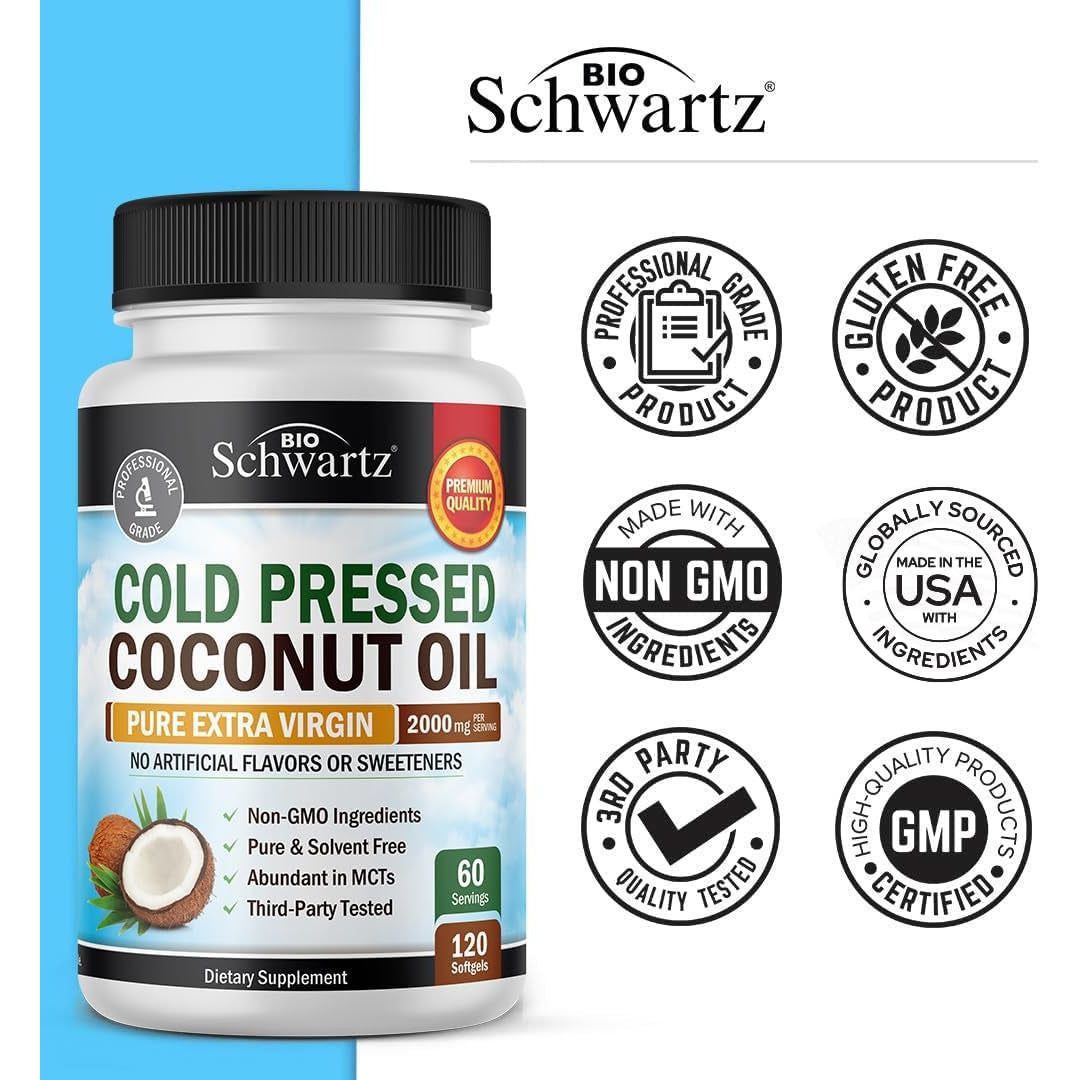Coconut Oil Capsules 2000Mg - Organic Pure Extra Virgin Unrefined Cold Pressed MCT Rich 120Count