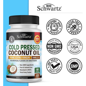 Coconut Oil Capsules 2000Mg - Organic Pure Extra Virgin Unrefined Cold Pressed MCT Rich 120Count
