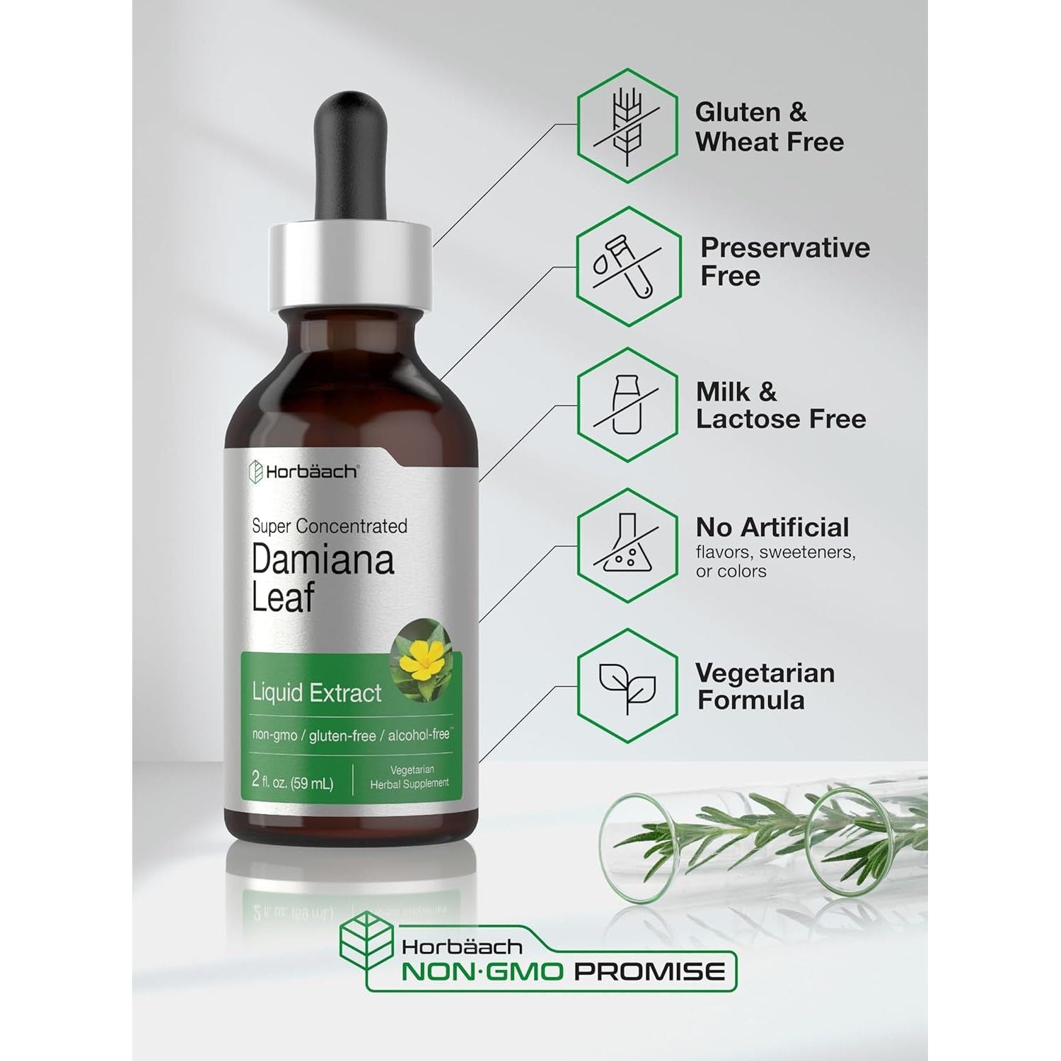 Horbäach Damiana Leaf Herb Tincture | 2 Fl Oz | Vegetarian, Non-Gmo & Gluten Free Herbal Supplement