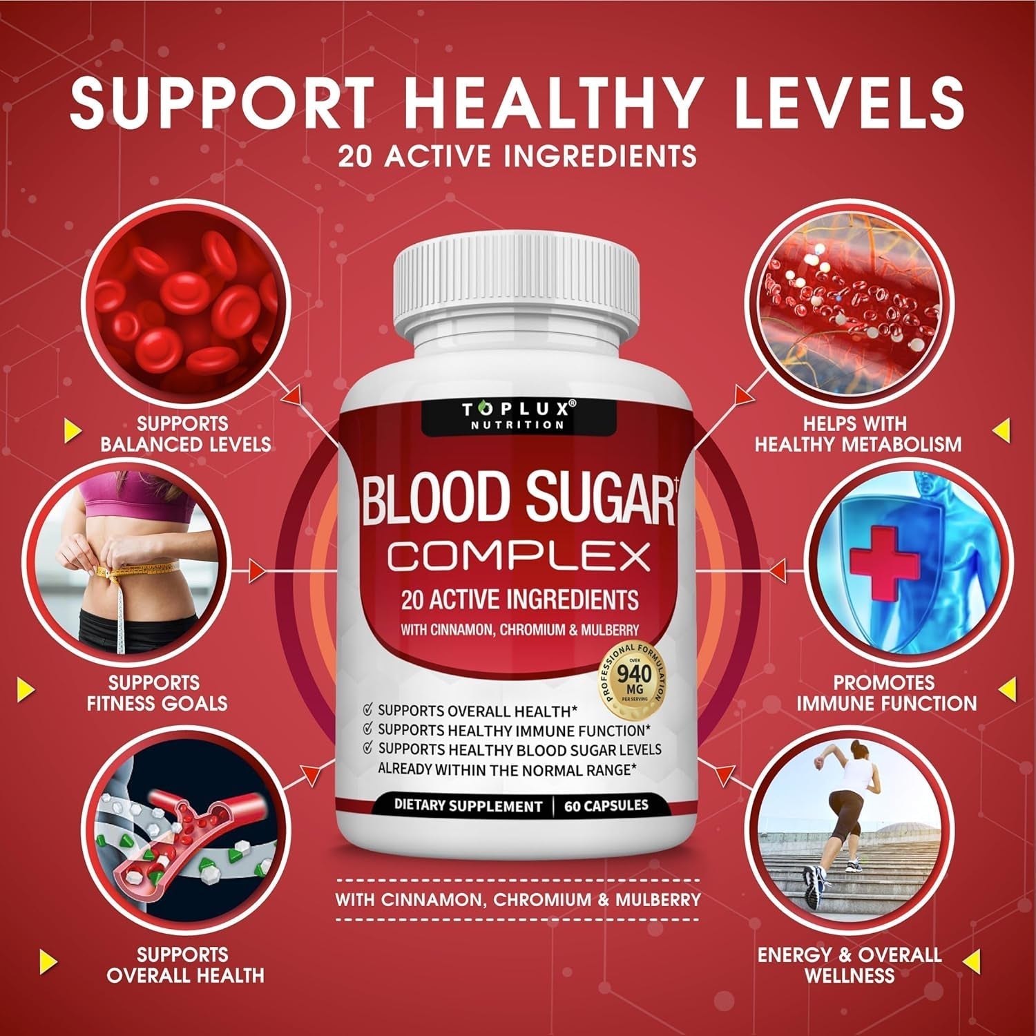 Blood Sugar Complex Supplement - Supports Healthy Blood Sugar Levels Already within Normal Range 60 Capsules