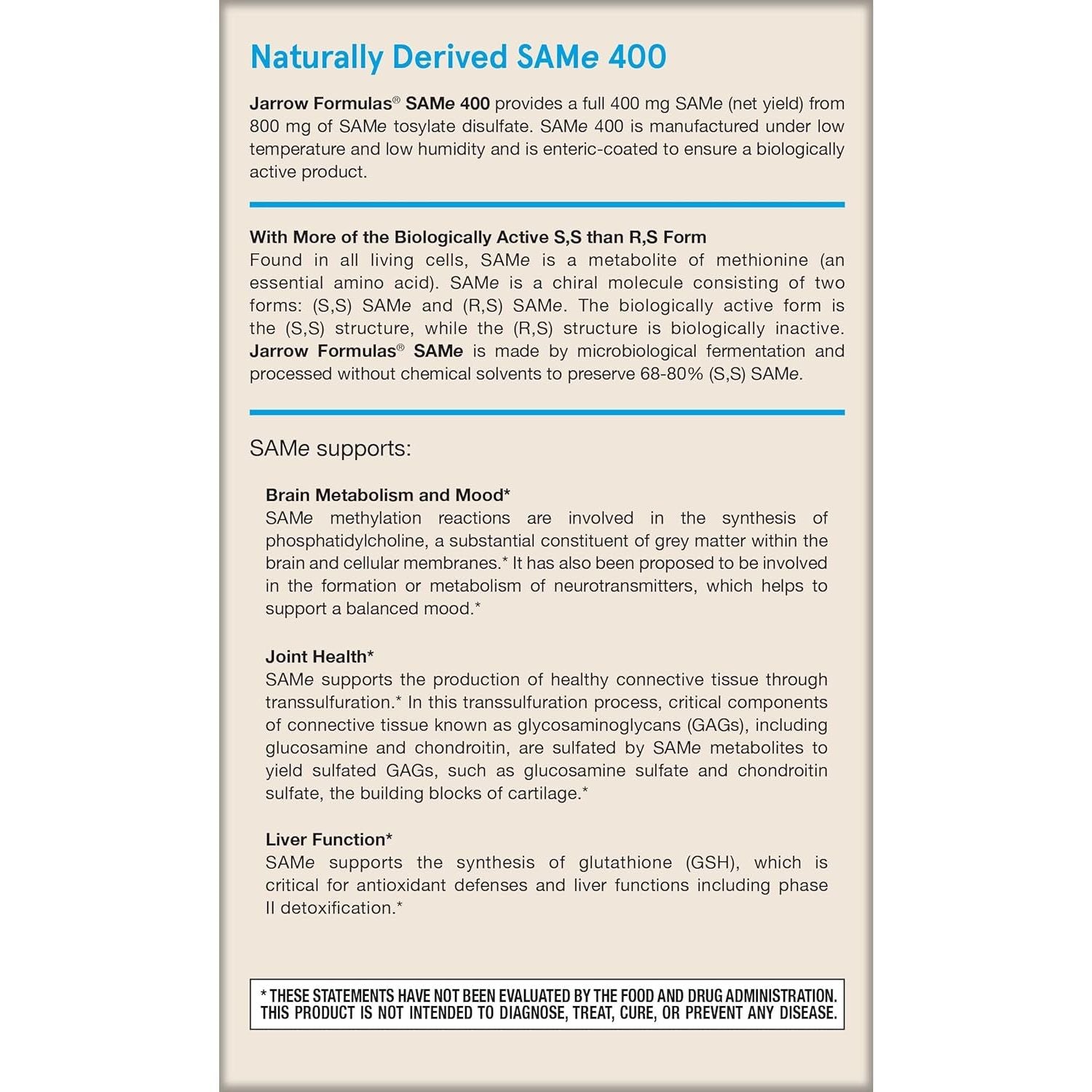 Jarrow Formulas Same 400 Mg, Supports Joint Health, Liver Function, Brain Metabolism, 30 Tablets