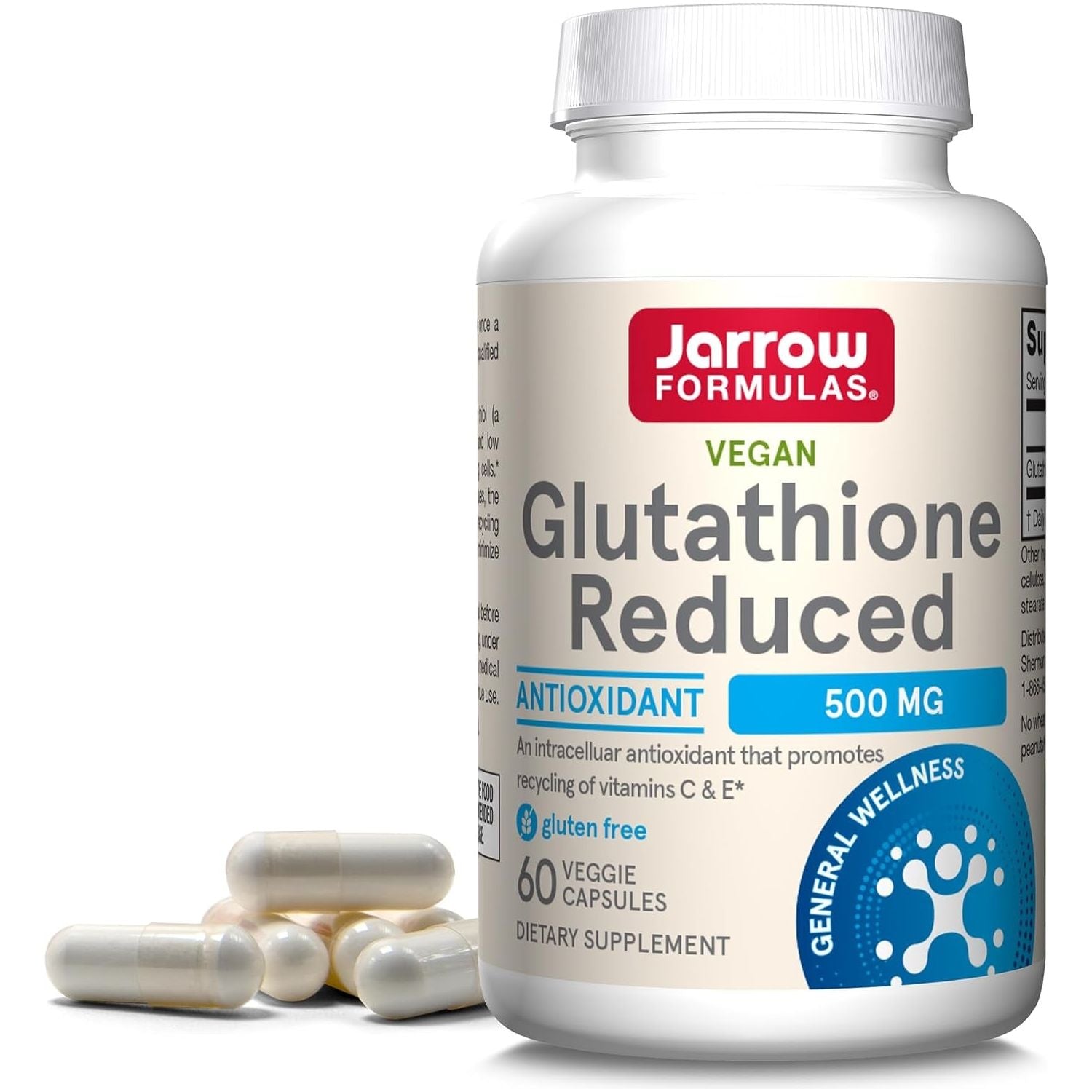 Jarrow Formulas Glutathione Reduced 500 Mg - Intracellular Antioxidant - Supports Recycling of Vitamins C & E 60 Capsules