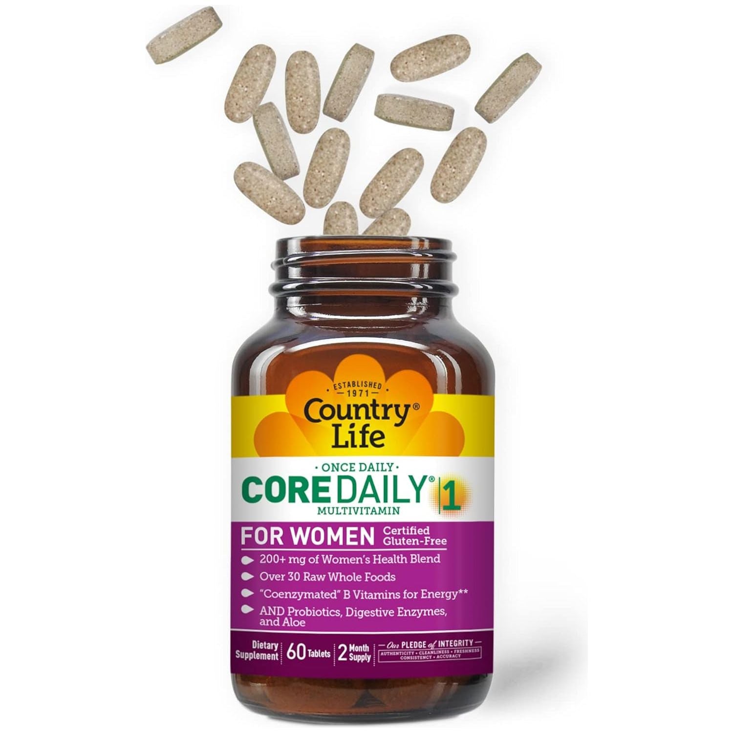 Country Life Women’S Core 1 Daily Multivitamin with Iron, Cranberry, Probiotics, and Digestive Enzymes, 60 Tablets