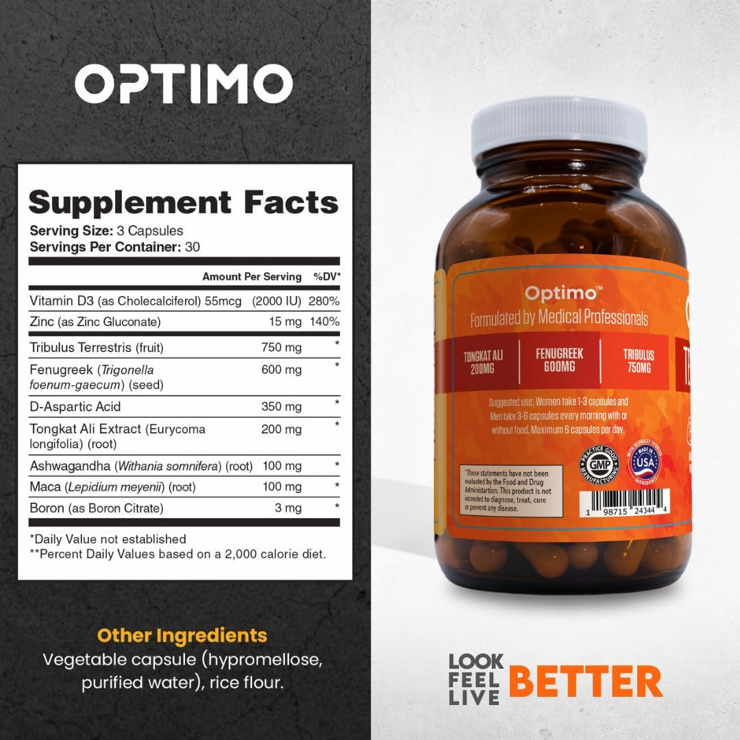 Testosterone Booster Supplement with Tongkat Ali, Tribulus, Fenugreek, Ashwagandha, Maca, Boron, Zinc, VIT D, DAA - 90 Capsules